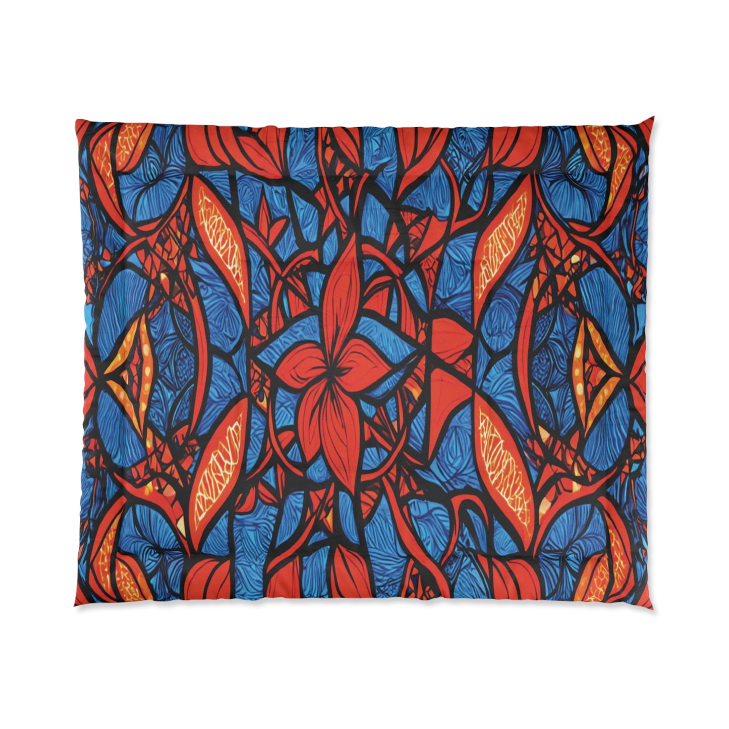 A rectangular pillow made from lightweight polyester with a vibrant, symmetrical pattern of bold red star-shaped flowers, orange leaf-like shapes, and blue swirling background—stylish patterns interconnect in a stunning stained-glass effect.