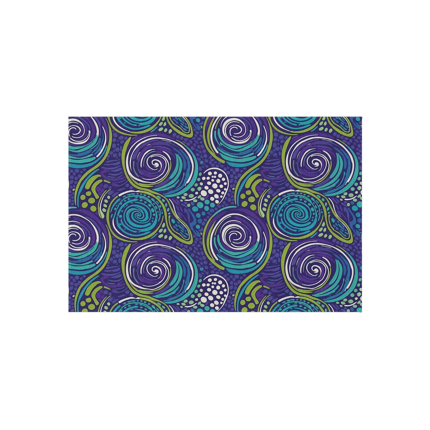 Abstract pattern featuring swirling spirals in teal, blue, green, and purple with white dotted accents. The dynamic design is perfect for polyester chenille rugs, adding a playful and vibrant touch to any space with its overlapping motif on a dark purple background.