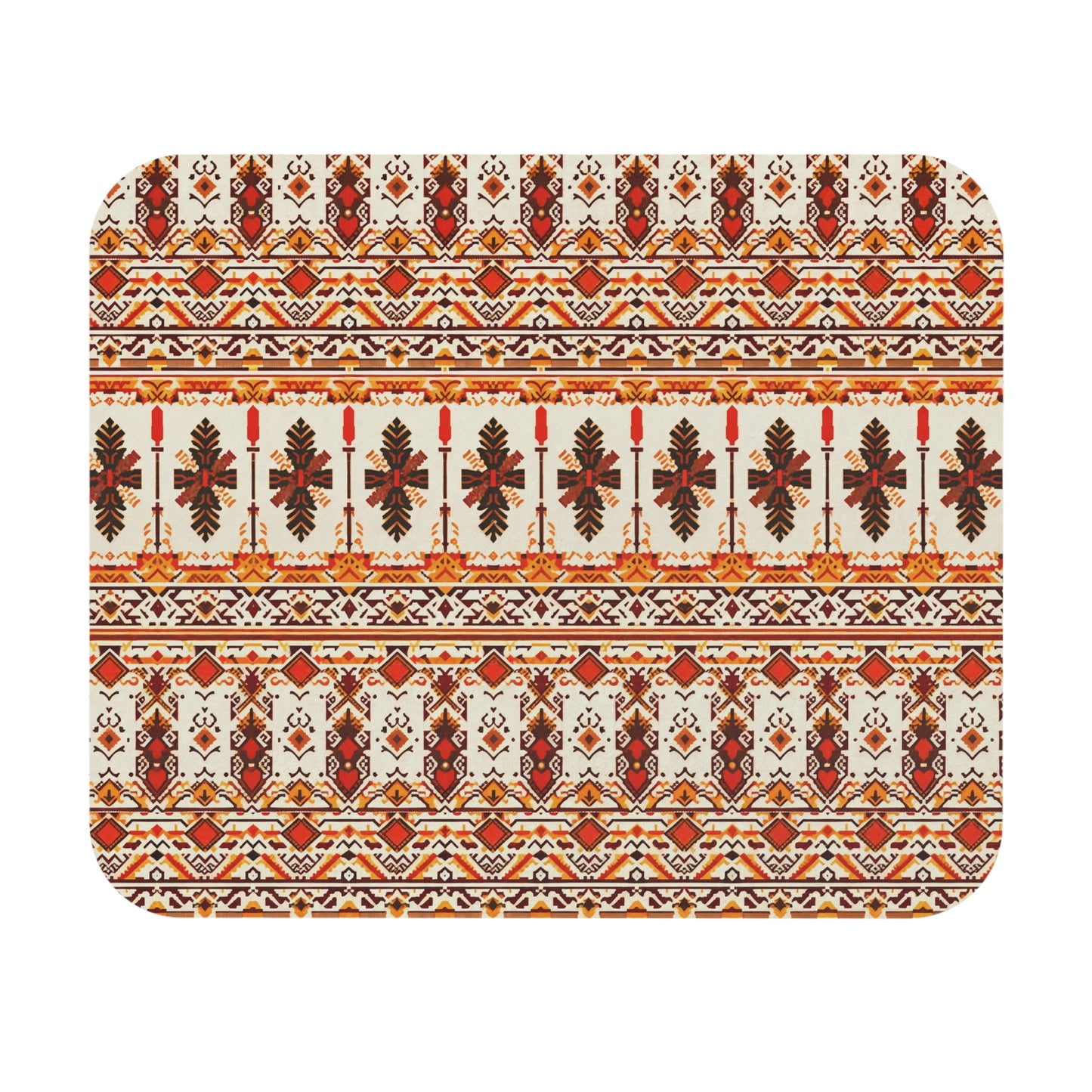 A rectangular mat with rounded corners features a symmetrical, intricate folk pattern in red, orange, gold, and brown. This African-inspired mouse pad displays stylized leaves and geometric shapes on cream, offering a vibrant desk accessory with a non-slip rubber base.