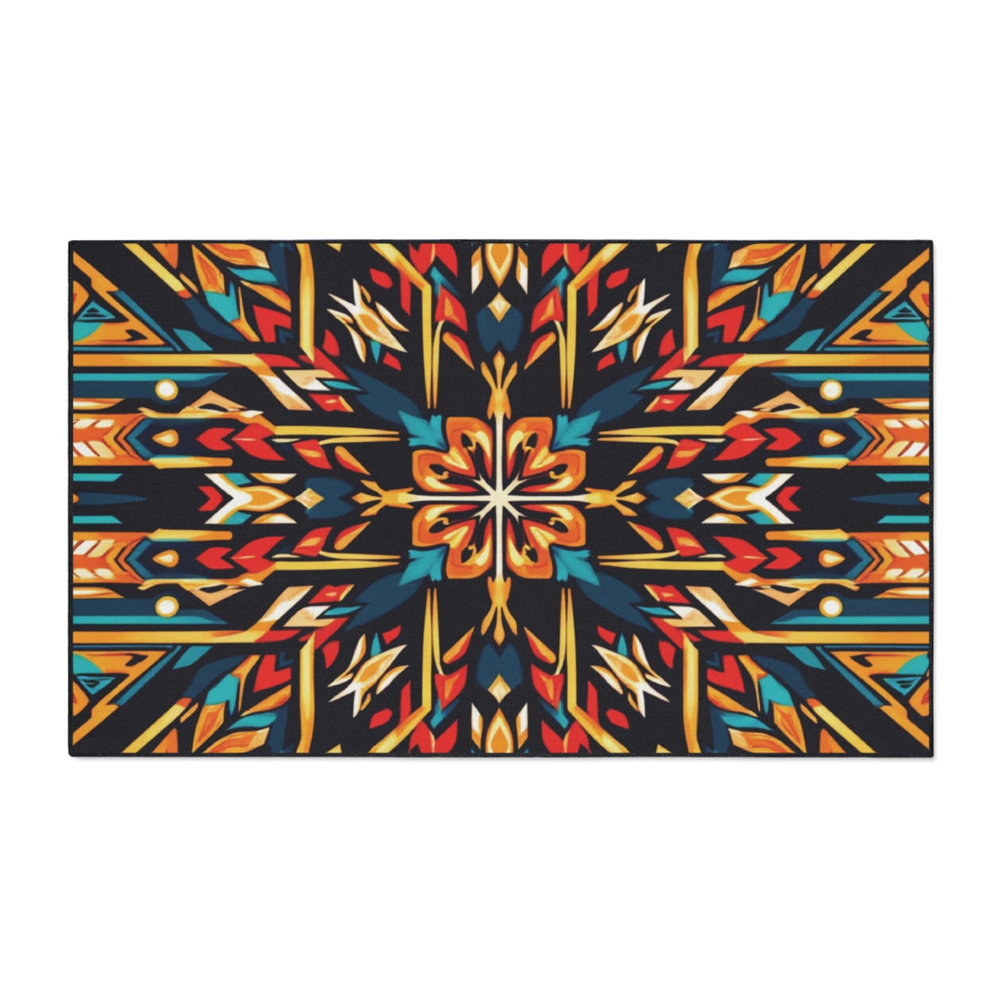 Rectangular rug with a bold, symmetrical pattern of geometric shapes in red, orange, teal, and yellow on a black background. The design features arrow-like and diamond motifs for a vibrant, African-inspired look—great as non-slip custom floor mats.