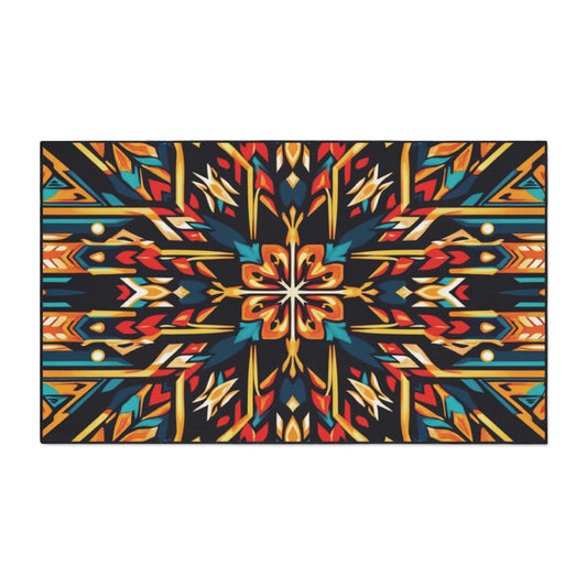 Rectangular rug with a bold, symmetrical pattern of geometric shapes in red, orange, teal, and yellow on a black background. The design features arrow-like and diamond motifs for a vibrant, African-inspired look—great as non-slip custom floor mats.