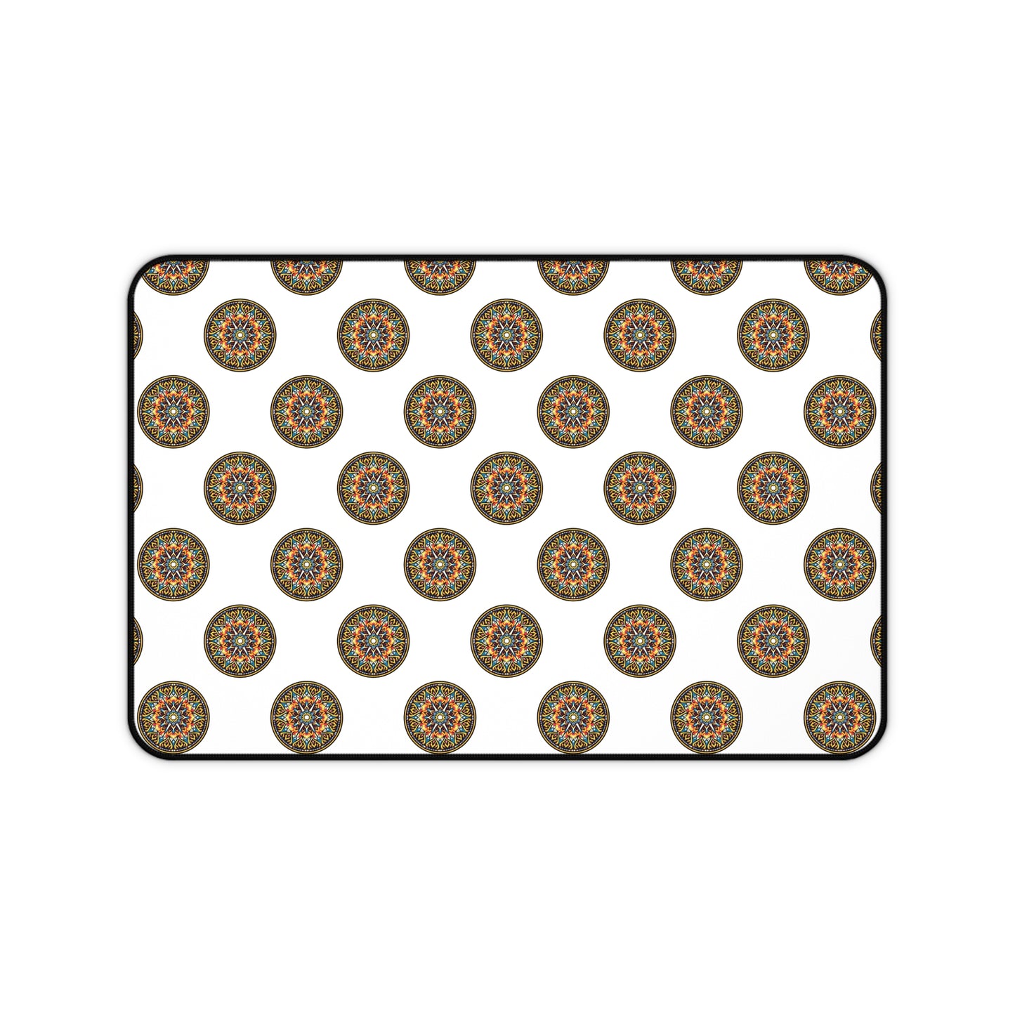 A rectangular white Neoprene desk mat featuring a repeating pattern of circular, multicolored mandala designs. Each intricate mandala adds vibrancy, making it a perfect colorful workspace accessory with a thin black outline around the mat’s edge.