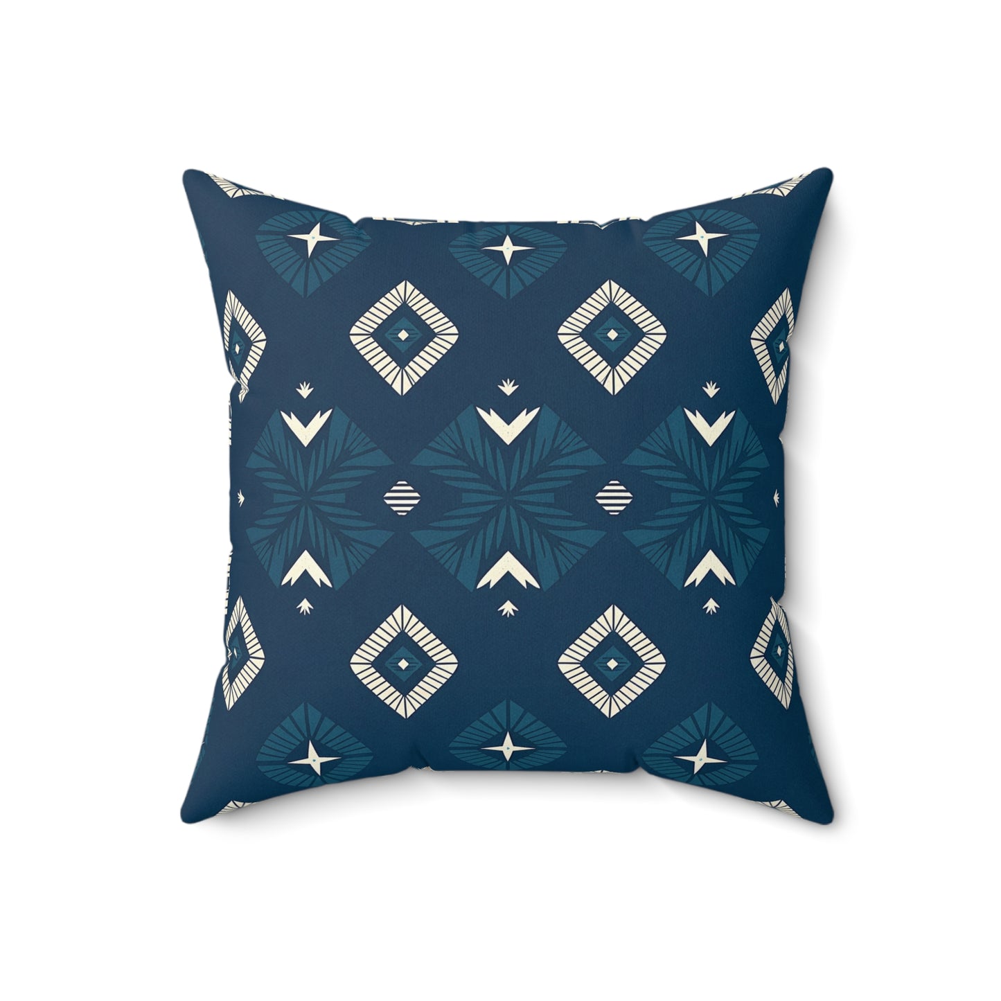 A square pillow with a dark blue background featuring a geometric pattern of cream and teal diamond shapes and star motifs, arranged symmetrically. This African-inspired pillow adds modern flair and vibrant home decor to any space.