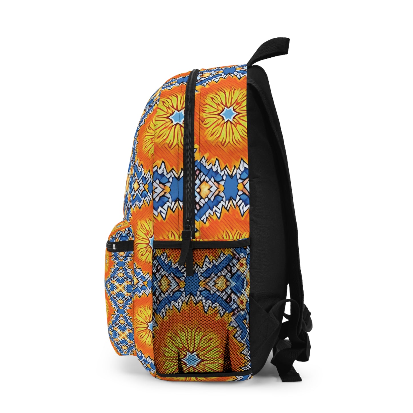 A brightly colored African-inspired backpack with vibrant geometric patterns in orange, yellow, blue, and black. The side view shows a front pocket, black straps, and a zipper on the mostly black back panel.