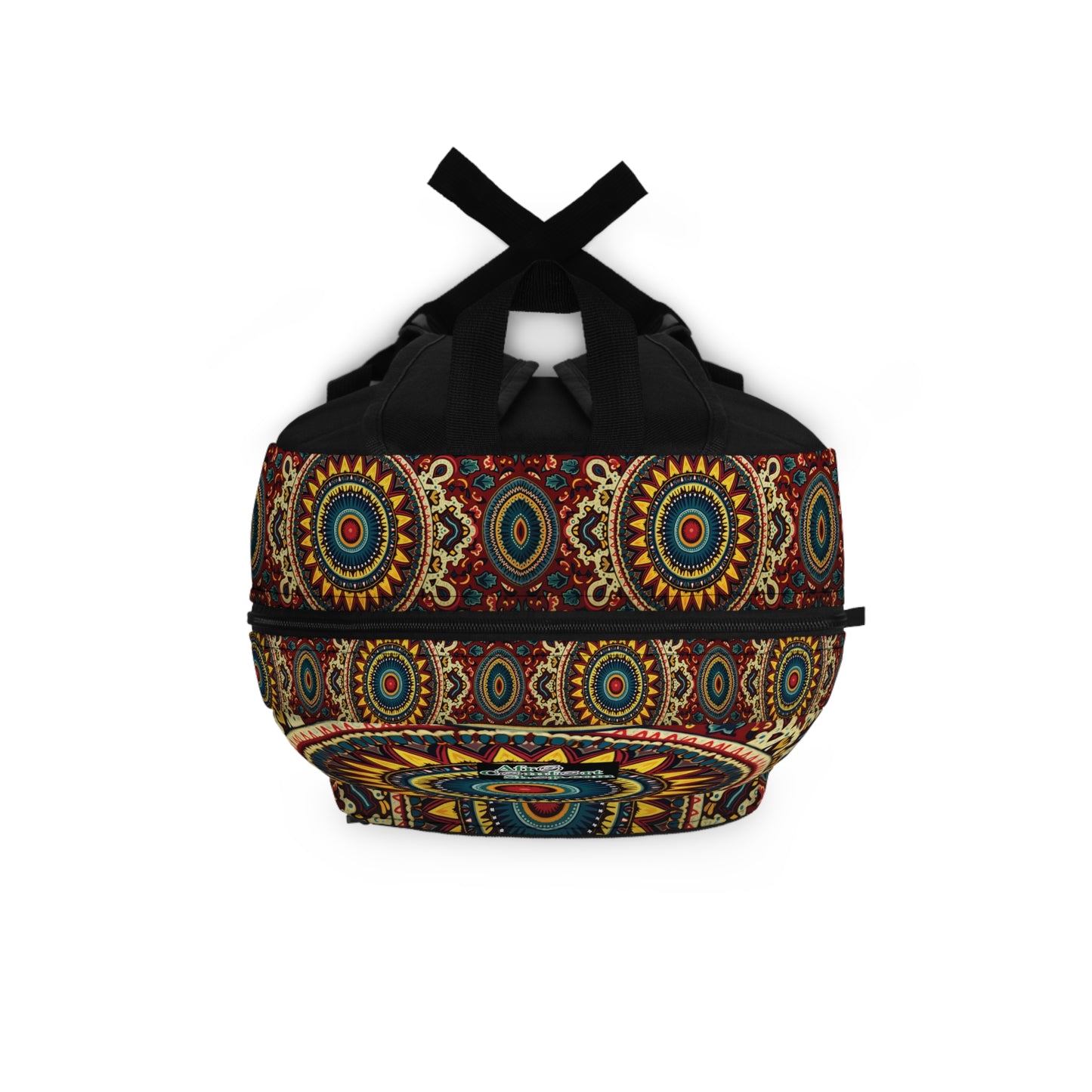 A duffle bag with black handles and a vibrant, colorful geometric mandala pattern in red, yellow, blue, and green tones. Inspired by a vibrant backpack aesthetic, its bold design stands out beautifully against a crisp white background.