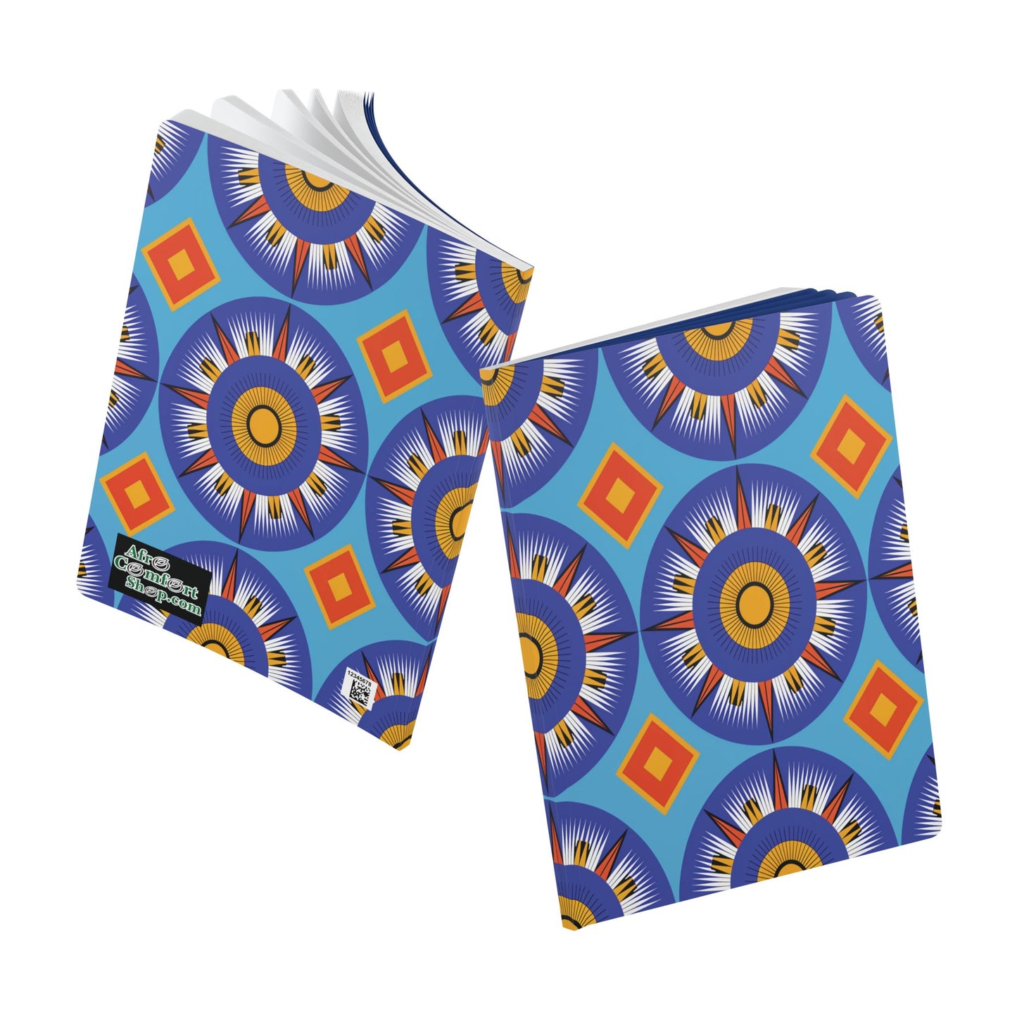 Two notebooks with colorful covers featuring a repeating geometric pattern of blue, orange, and yellow circular designs evoke an African-inspired journal. Both are shown slightly open, perfect for creative journaling or as a unique travel diary.