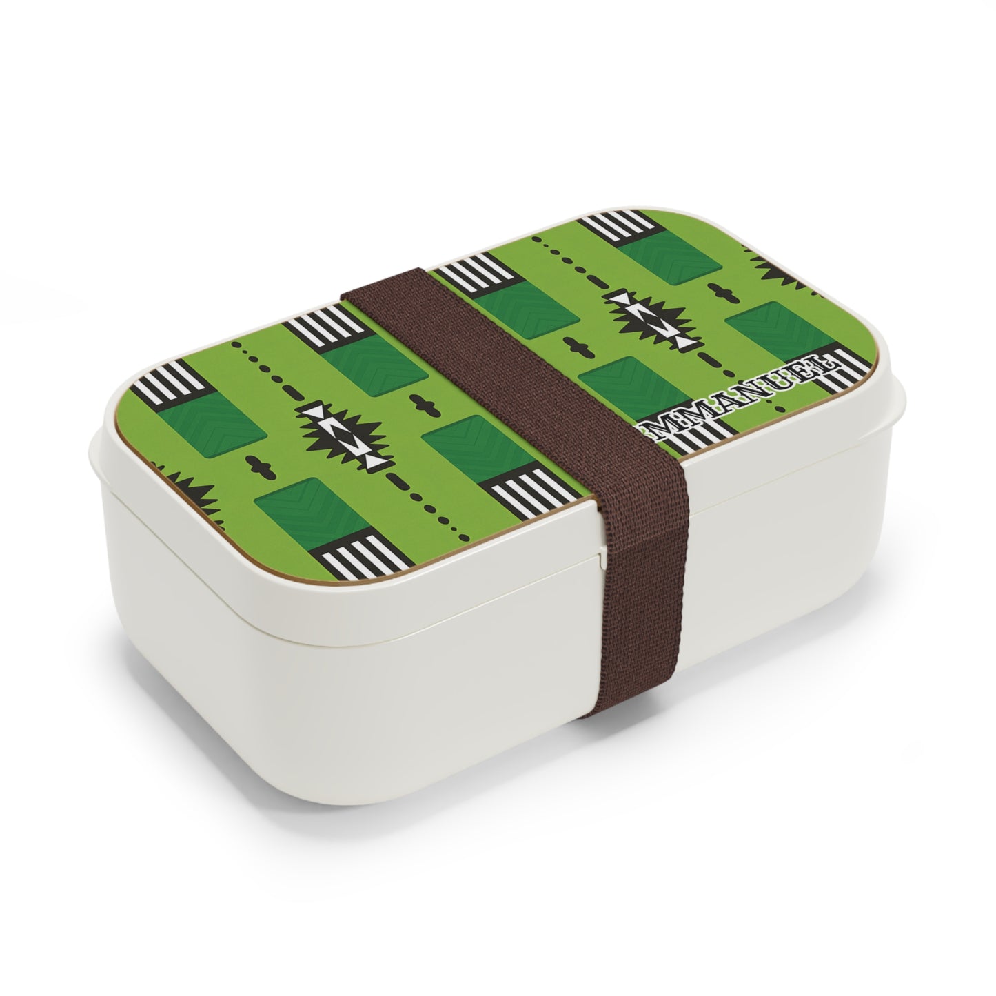 A white rectangular BPA-free lunchbox with a green lid featuring a bold black, white, and dark green geometric pattern, and the word “MY ANUFI” in one corner. A wide, dark brown elastic band secures the box closed.