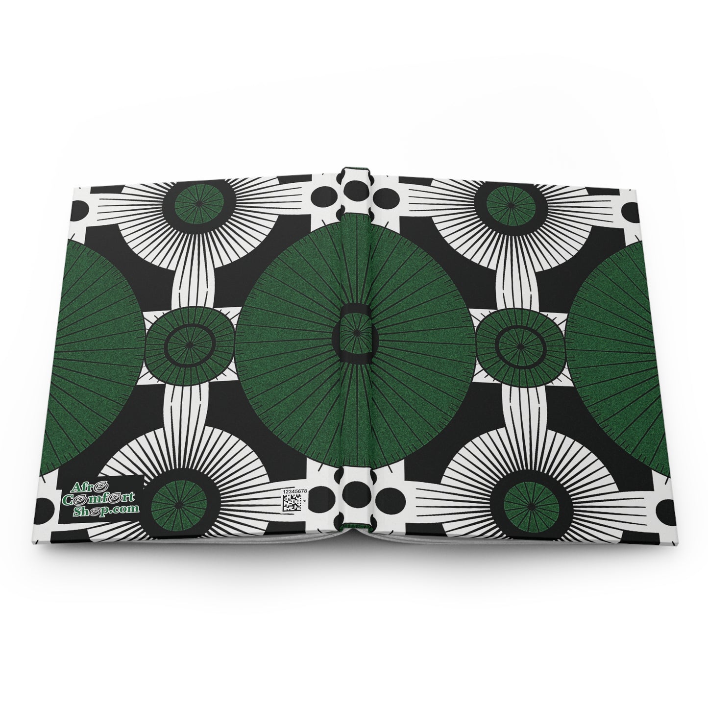 An open book displays a bold geometric pattern with large green ovals, white radiating lines, and black circles on a white background. This African-inspired journal features text in the lower left corner reading Afro GallenArt shop.com. The design is striking and symmetrical.