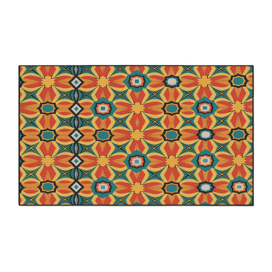 A rectangular, African-inspired rug featuring a repeating geometric floral pattern in orange, red, yellow, blue, and green. One vertical row on the left alternates diamond shapes for a striking accent. The non-slip backing ensures secure placement.