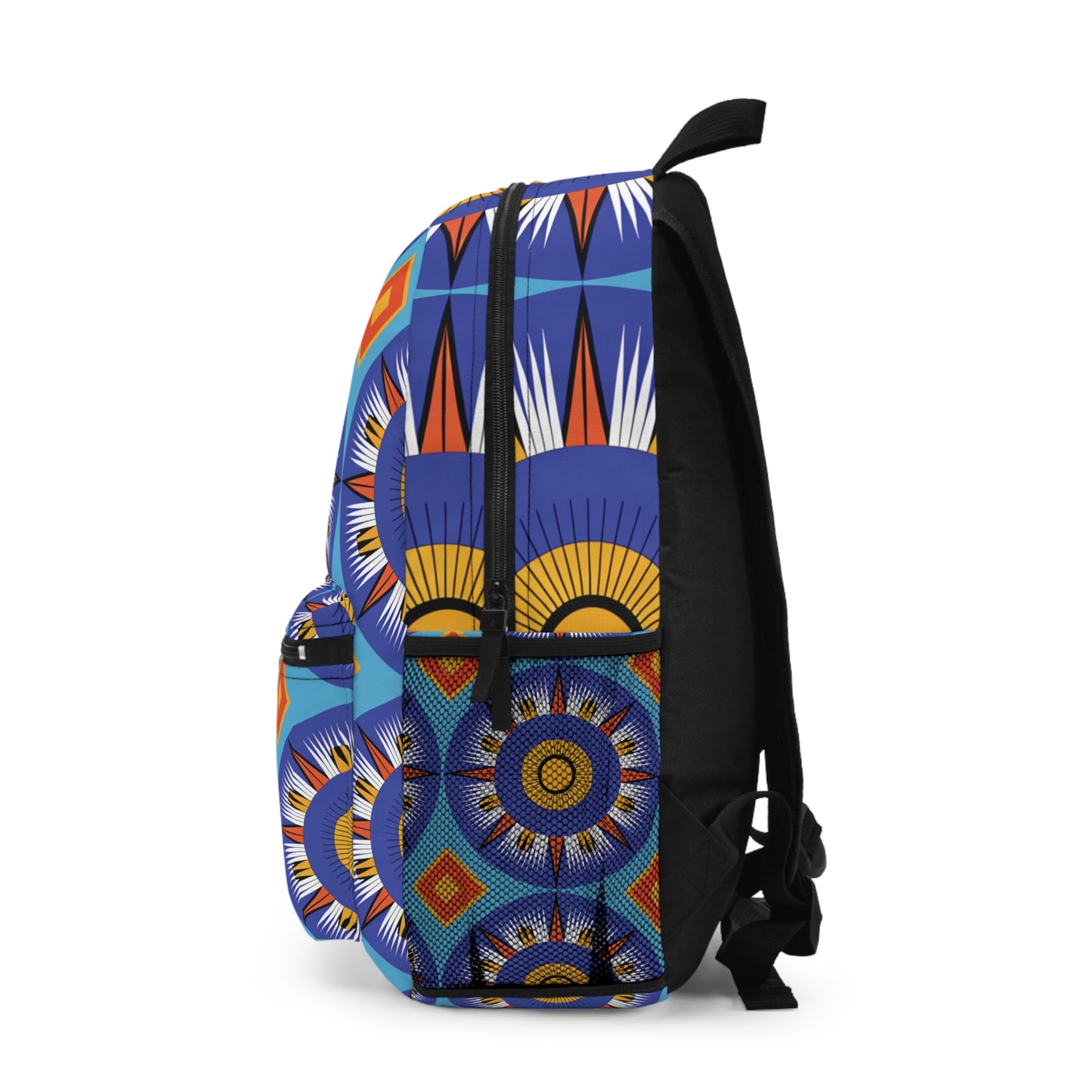 Side view of a vibrant backpack featuring a bold geometric and sunburst pattern in blue, orange, yellow, white, and black. This African-inspired backpack has a front pocket, black straps, top handle, and the lively design extends across every side.