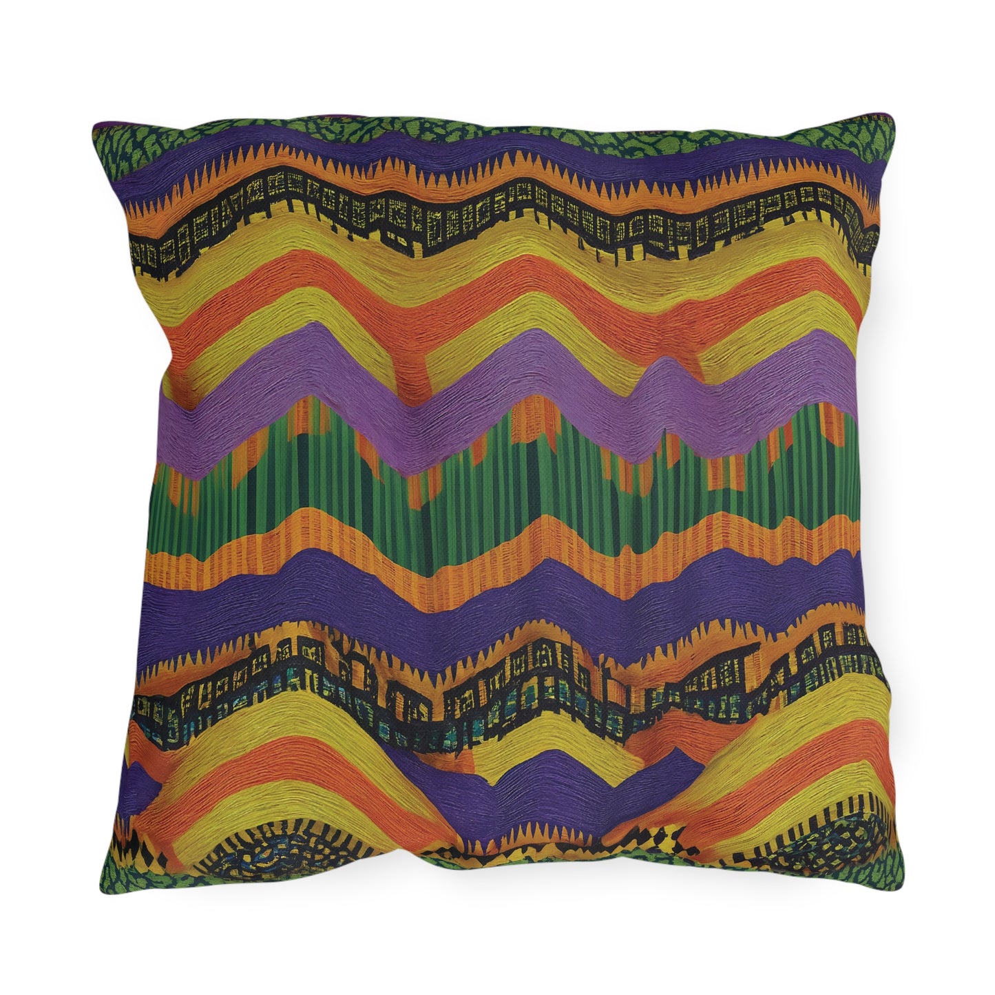 A square outdoor pillow featuring a bold zigzag pattern in yellow, orange, purple, green, and black. Made with UV-resistant fabric, its wavy and jagged lines with textured brushstroke accents create a vibrant, lively appearance.