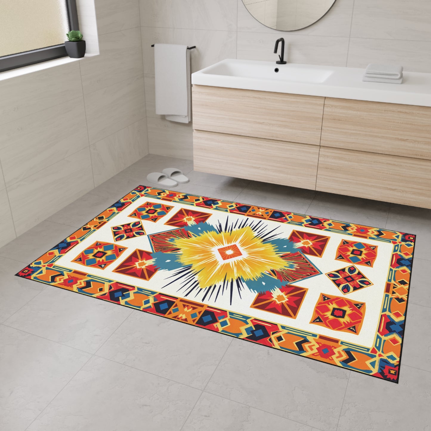A modern bathroom with light beige tile walls and floor, a floating wood vanity with a white sink, and an African-inspired geometric-patterned rug featuring non-slip rubber backing in vibrant red, yellow, blue, and orange. A towel and two slippers are nearby.