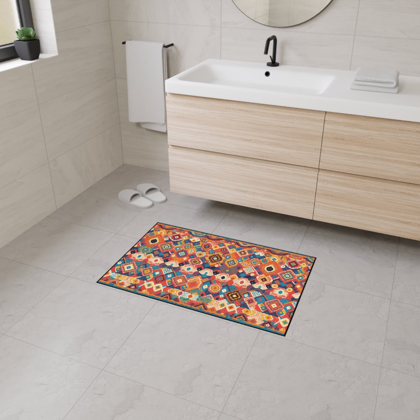A modern bathroom with light beige tiles, a wooden vanity with a white sink, mirror, towel, and white slippers. A colorful, African-inspired floor mat with geometric patterns adds style and safety near the sink as natural light fills the space.