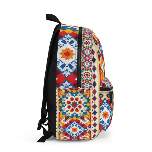 A vibrant backpack with a geometric pattern of stars and diamonds in red, blue, yellow, and white covers the front, side pocket, and top. The back and straps are solid black, while the bag is unzipped slightly for a casual touch.
