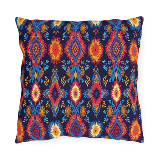 A rectangular outdoor pillow with a vibrant, symmetrical pattern of red, yellow, and blue floral and diamond shapes on a dark navy background. Crafted from UV-resistant, weatherproof materials for lasting style in any setting.