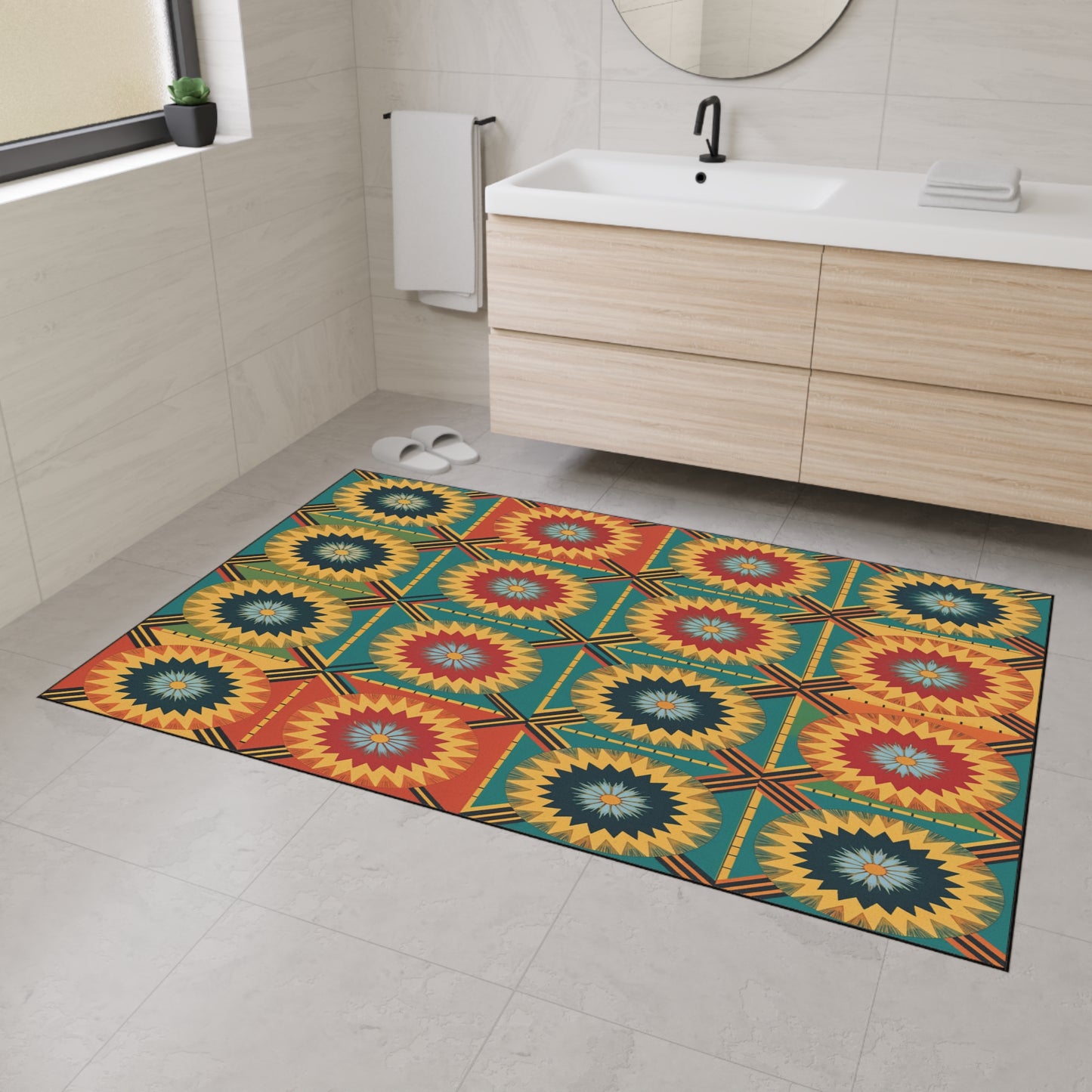 A modern bathroom with light beige tiled floor and walls, a floating wooden vanity with a white sink, round mirror, towel rack, slippers, and a colorful geometric rug with African-inspired aesthetics and non-slip rubber backing for safety.