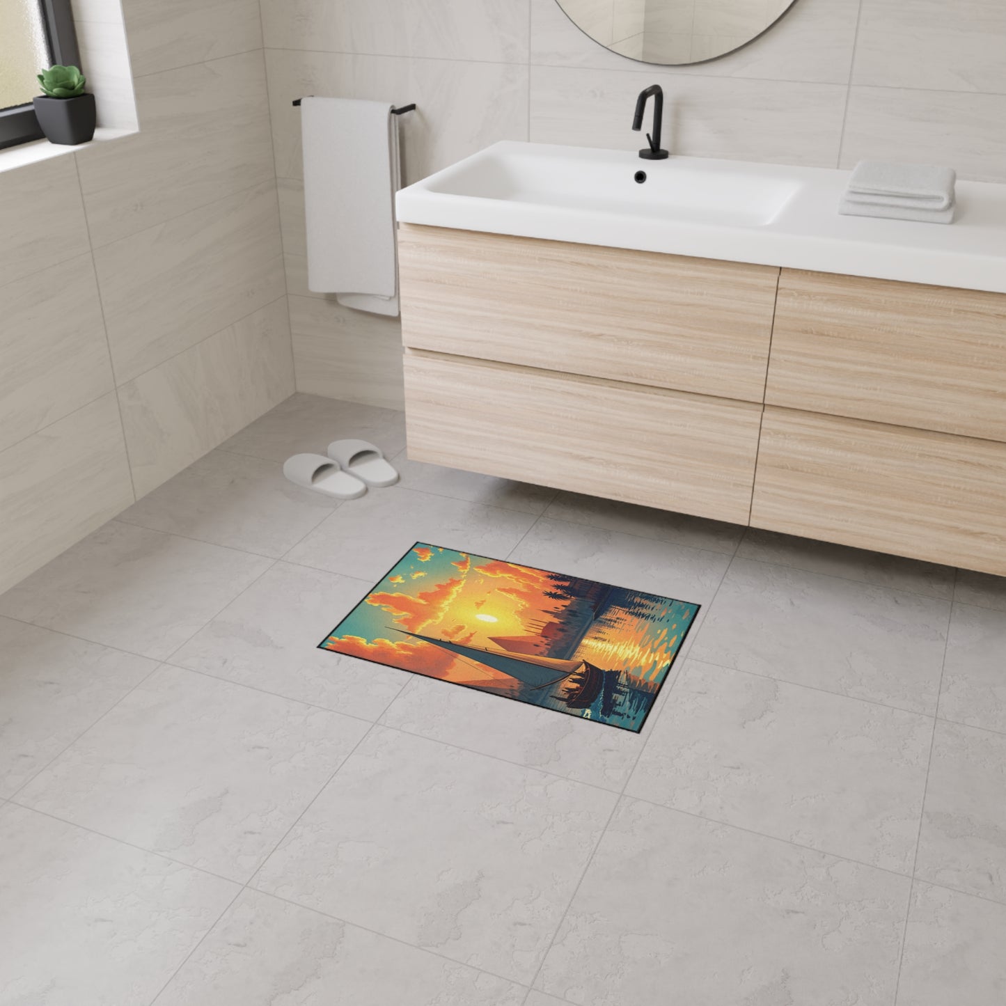 A modern, bright bathroom with light gray tile floor and walls. A wooden vanity with a white sink and black faucet sits beneath a round mirror. The colorful custom floor mat features a sunset over a lake with trees and a canoe. White slippers are nearby.