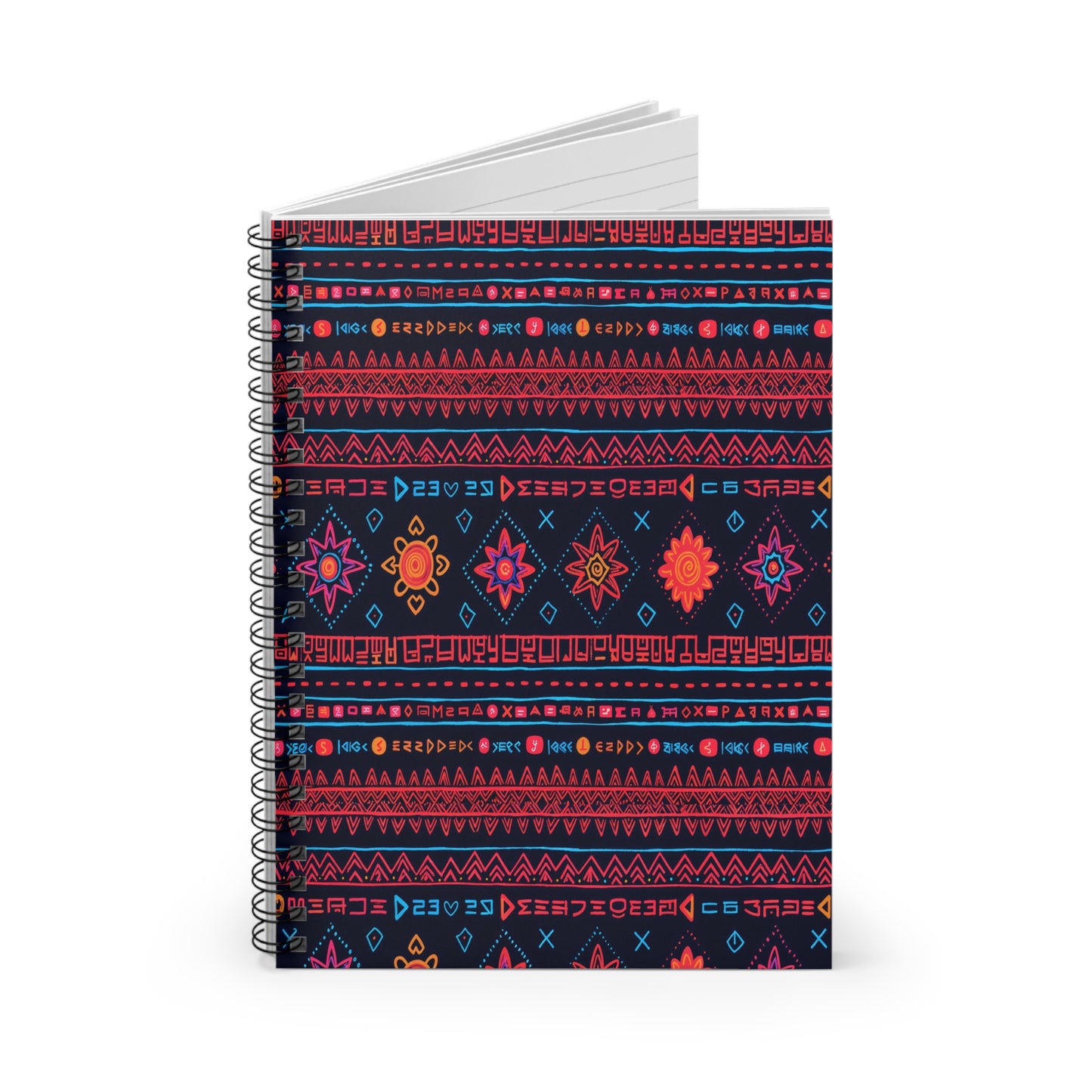 A spiral-bound, African-inspired spiral notebook with a dark cover featuring vibrant, geometric folk patterns in red, orange, pink, and blue. Rows of abstract symbols, diamond shapes, and floral motifs adorn this premium writing notebook with lined pages inside.