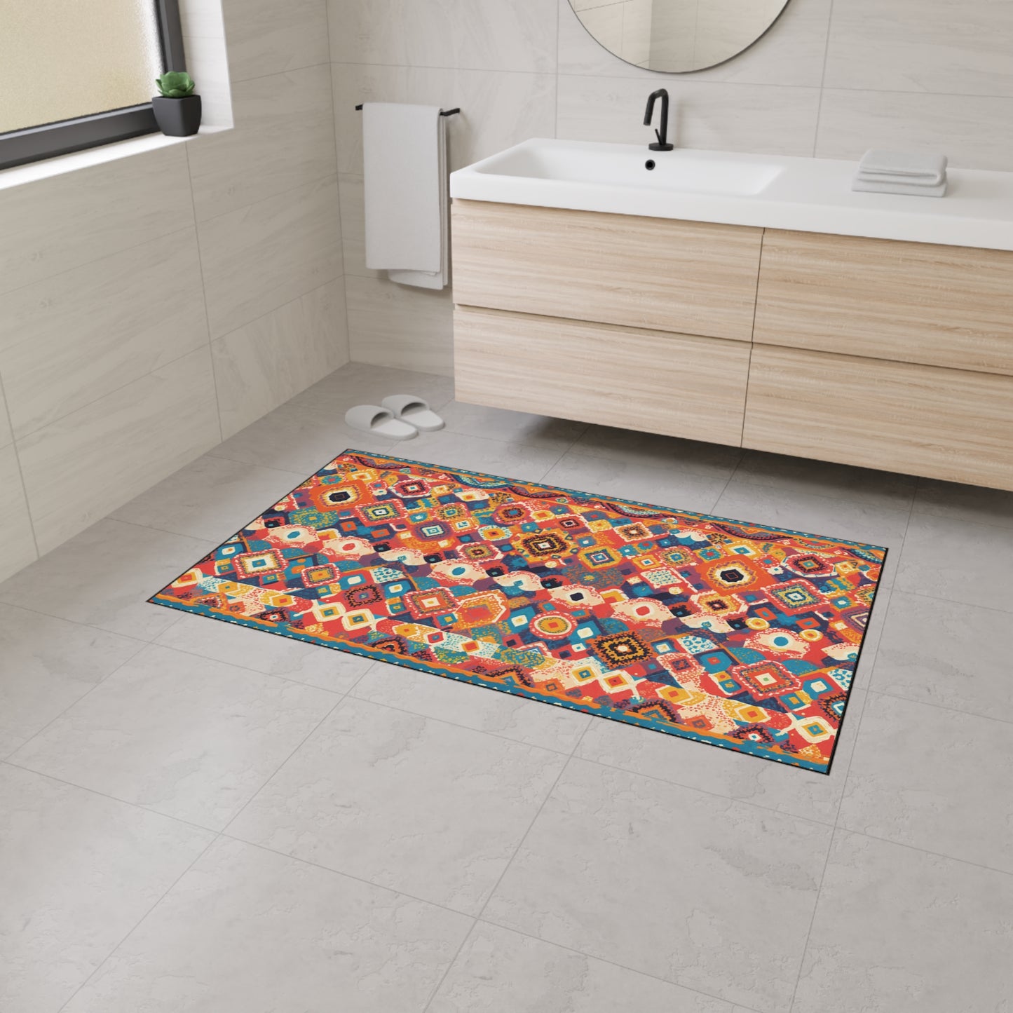 A modern bathroom with light beige tiles, a floating wooden vanity with a white sink, a round mirror, and an African-inspired geometric rug featuring custom floor mats and non-slip rubber backing. A towel hangs by the sink, and slippers rest under a large window.