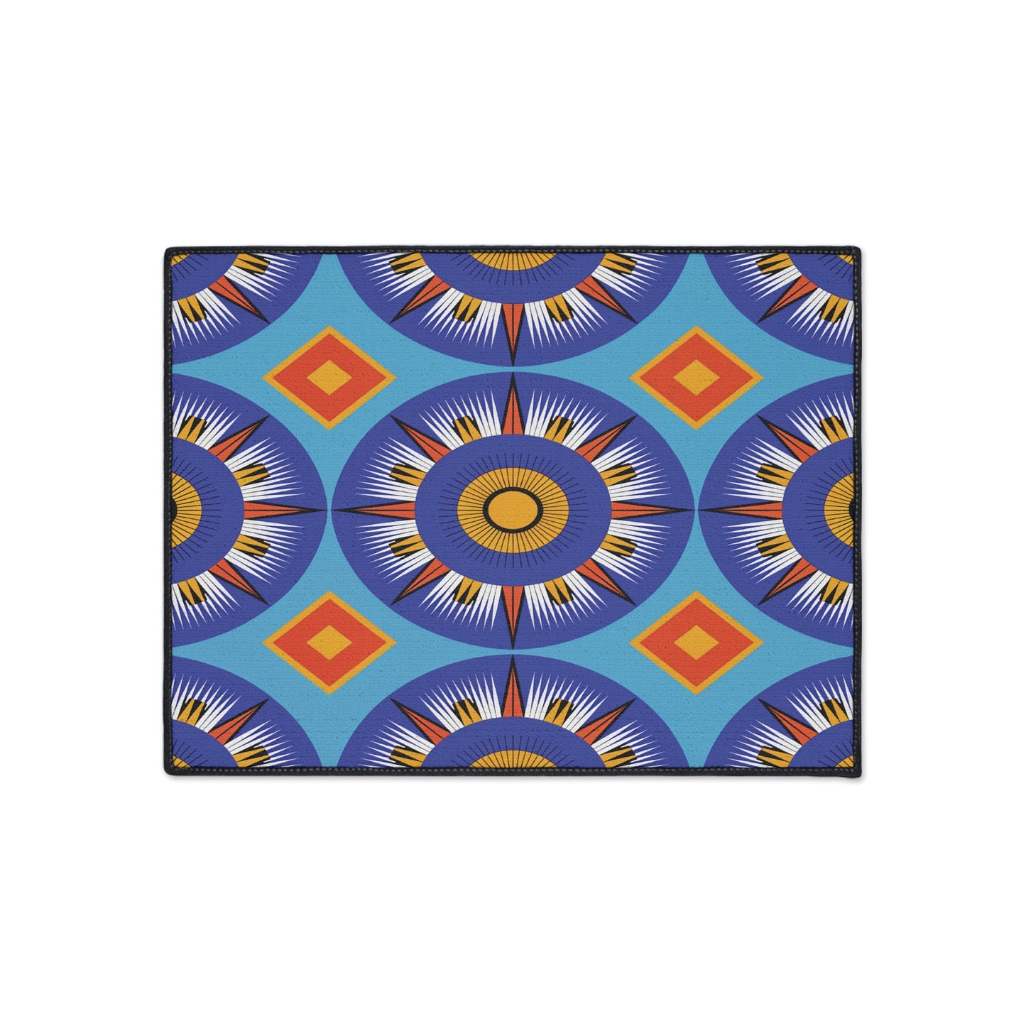 A rectangular mat with a vibrant geometric pattern featuring large circular sunburst shapes in blue, orange, and white channels African-inspired aesthetics. Diamond shapes in orange and yellow complete the bold, symmetrical look on this custom floor mat.
