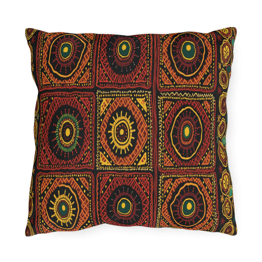 This rectangular outdoor pillow features a bold, geometric pattern of squares in vivid colors on black, each with concentric circles and sunburst designs, creating a vibrant, tribal-inspired look—perfect as stylish, weatherproof pillows for your space.