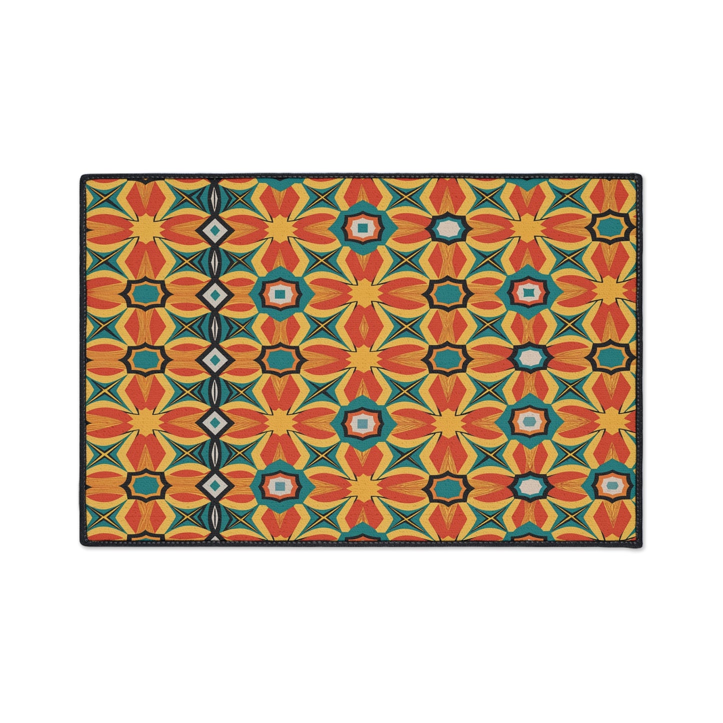 A rectangular mat featuring a vibrant, African-inspired geometric pattern with repeating red-orange flowers, yellow diamonds, blue accents, and black outlines on a white background. A vertical black stripe with diamond shapes runs along the left side.