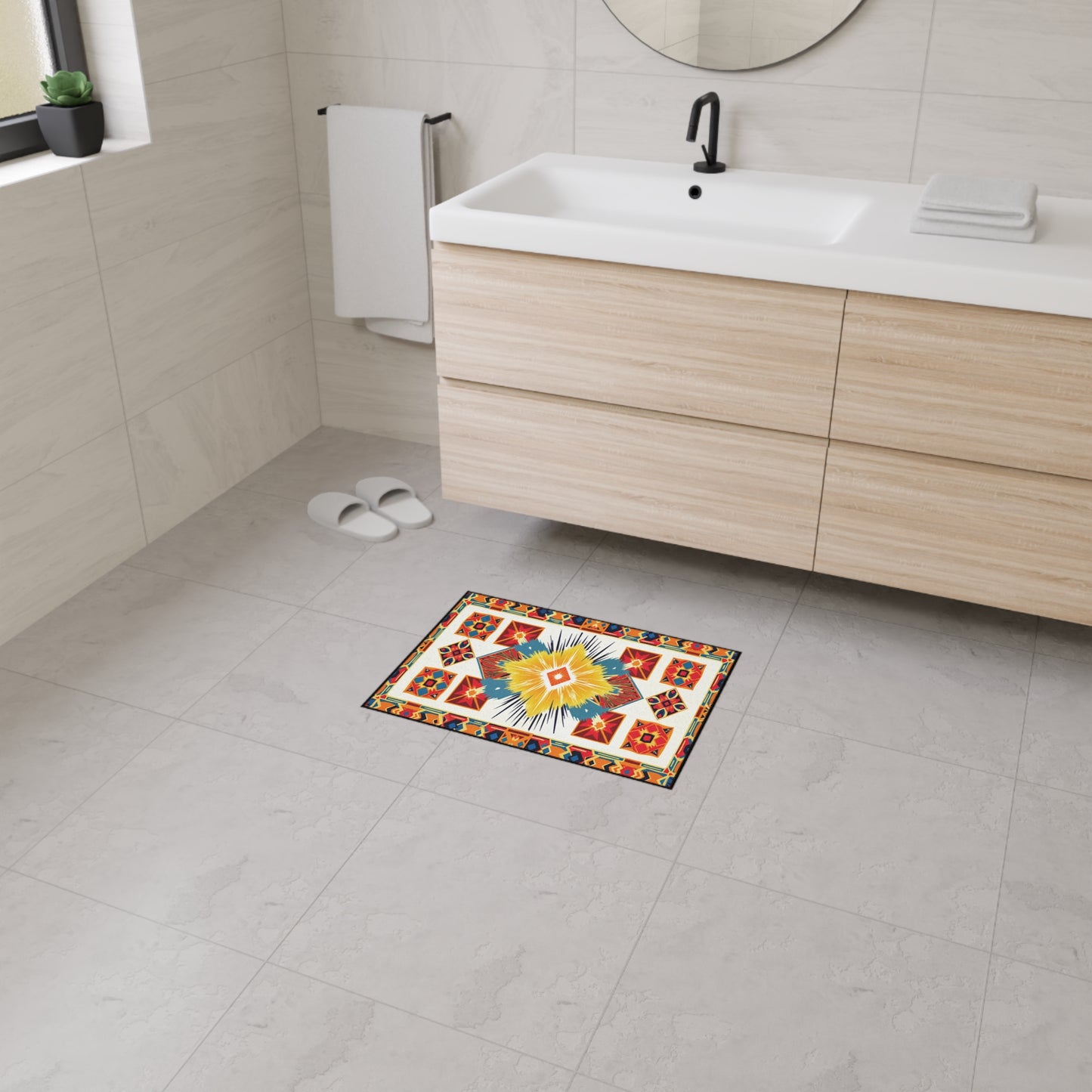 A modern bathroom with light gray tiled walls and floor, a wooden vanity with a white sink, a round mirror, white towels, slippers, and a colorful custom floor mat featuring geometric patterns and non-slip rubber backing for added safety.