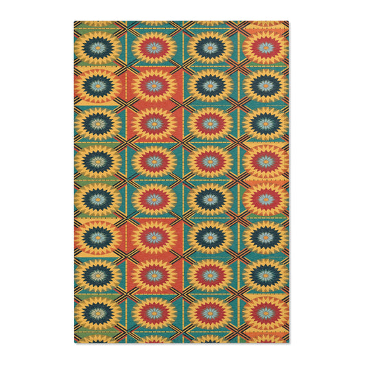 A rectangular textile with a repeating geometric pattern of multicolored starbursts in red, yellow, blue, and green. Inspired by African design rugs, each starburst sits in a square bordered with crisscrossed lines for stylish home decor.
