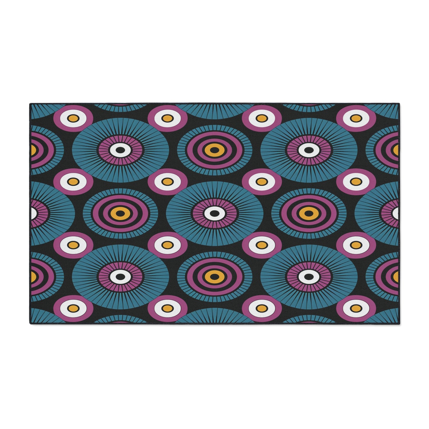 A bold, African-inspired geometric pattern features concentric circles in teal, purple, pink, yellow, and white on a black background. Radial lines and alternating rings create a rhythmic effect—perfect for custom floor mats with a non-slip surface.
