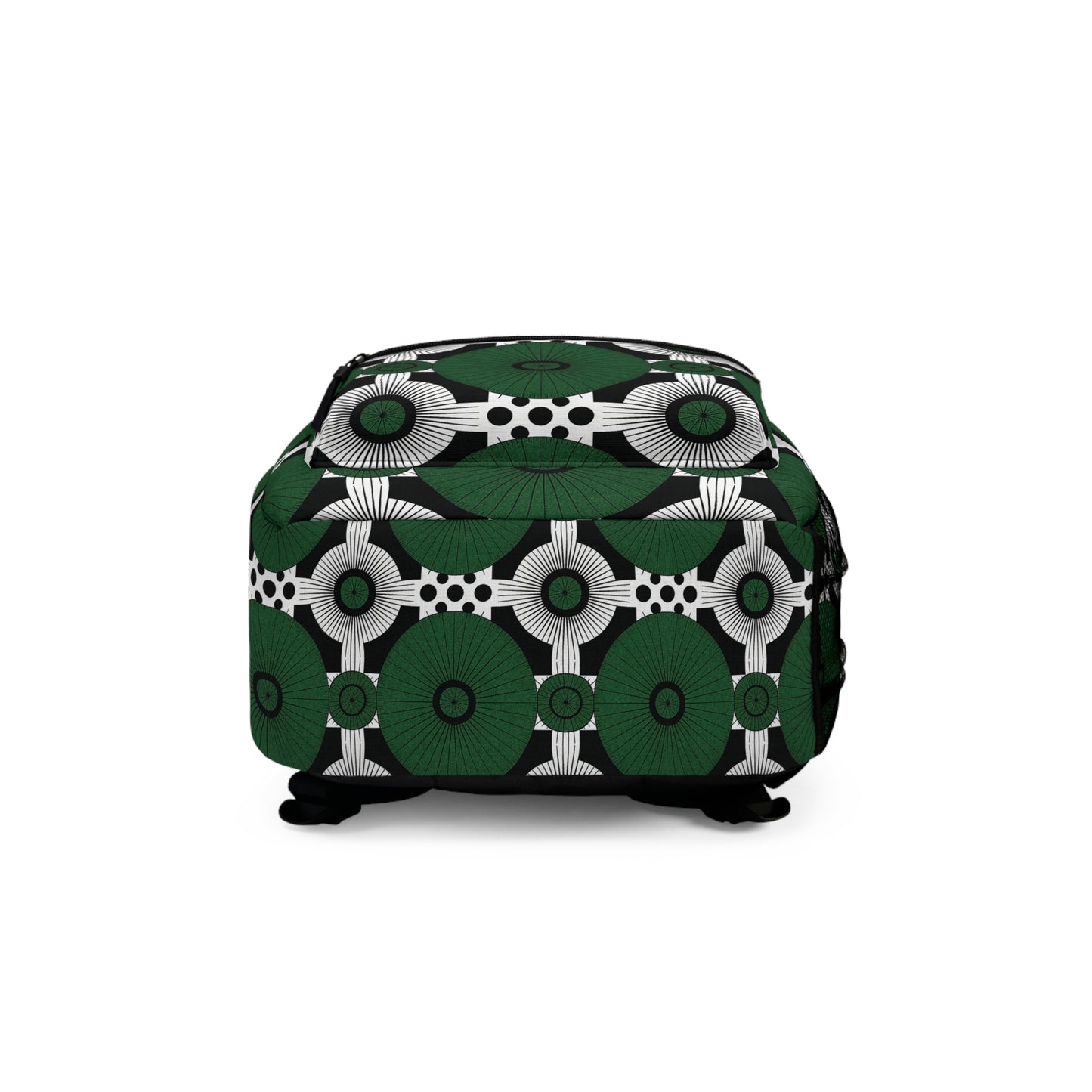 A square ottoman with short black legs, upholstered in fabric featuring culturally inspired patterns—bold green, white, and black circular designs with radiating lines and dot accents—perfect for adding global flair to your space.