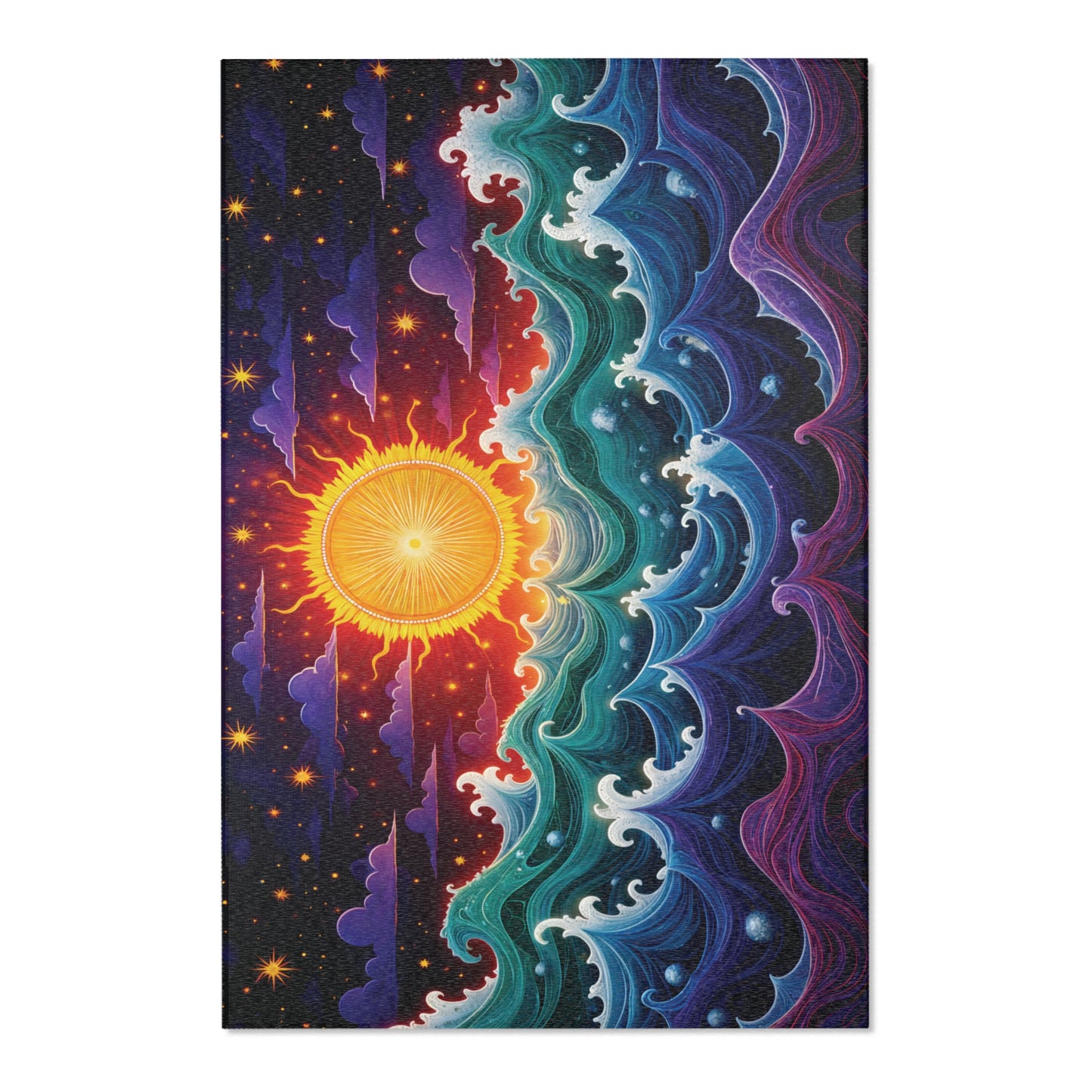 A vibrant illustration shows a radiant sun with swirling orange and yellow rays on the left, transitioning into blue and purple waves on the right, merging day and night—perfect for stylish home decor or adding flair to durable polyester rugs. Golden stars dot the dark sky.