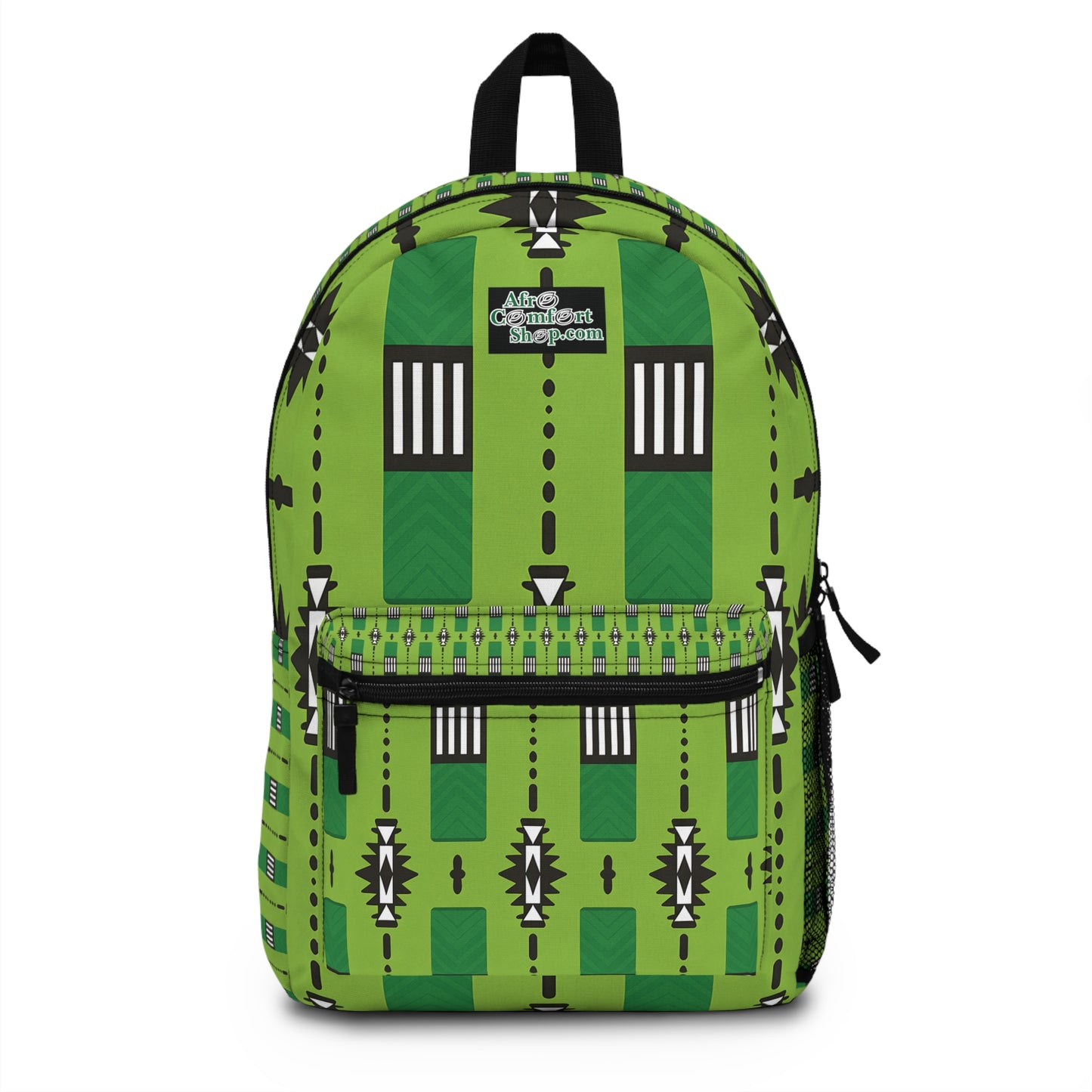 This African-inspired backpack has a green base with bold black, white, and dark green geometric patterns. “Just Content Slayz.com” stands out on the front pocket, making this travel backpack both eye-catching and practical.