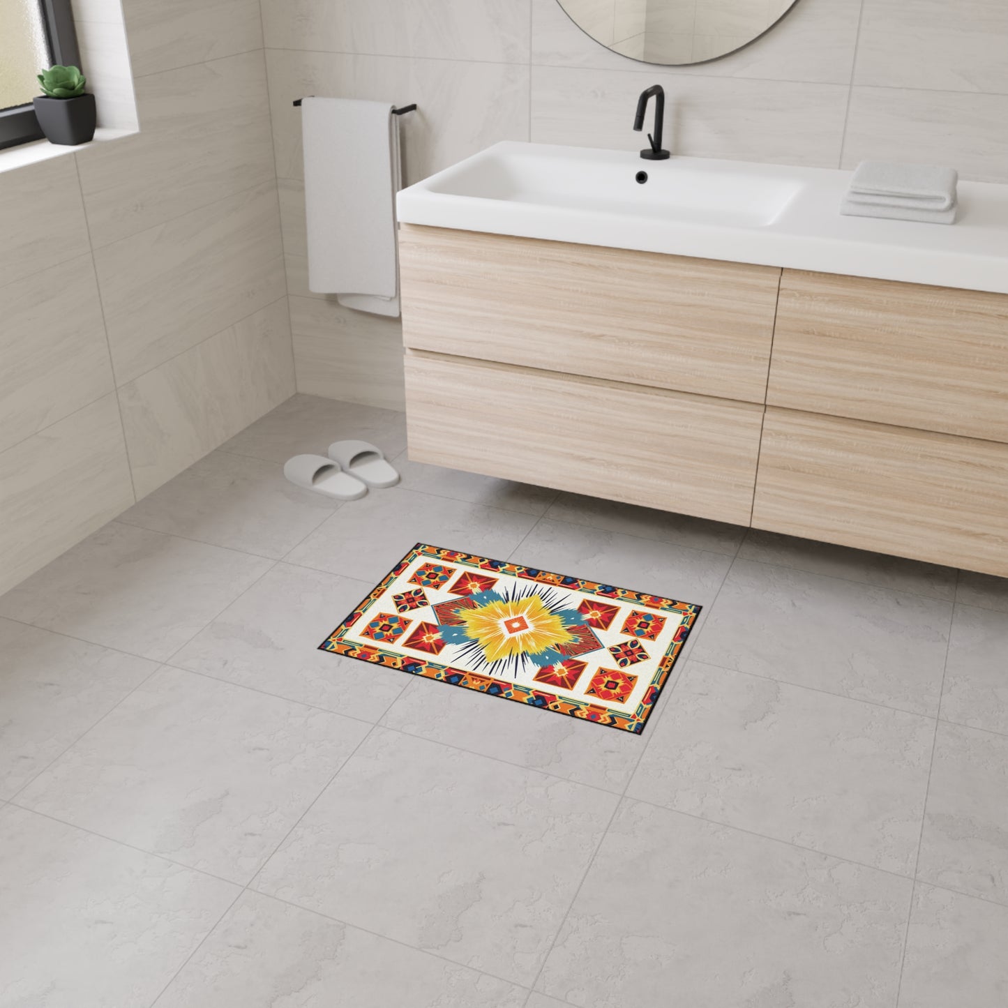 A modern bathroom with light tile floors and walls, a wooden vanity, white sink, round mirror, and white towel. A colorful African-inspired custom floor mat with a non-slip backing features a geometric, star-shaped pattern near the sink.