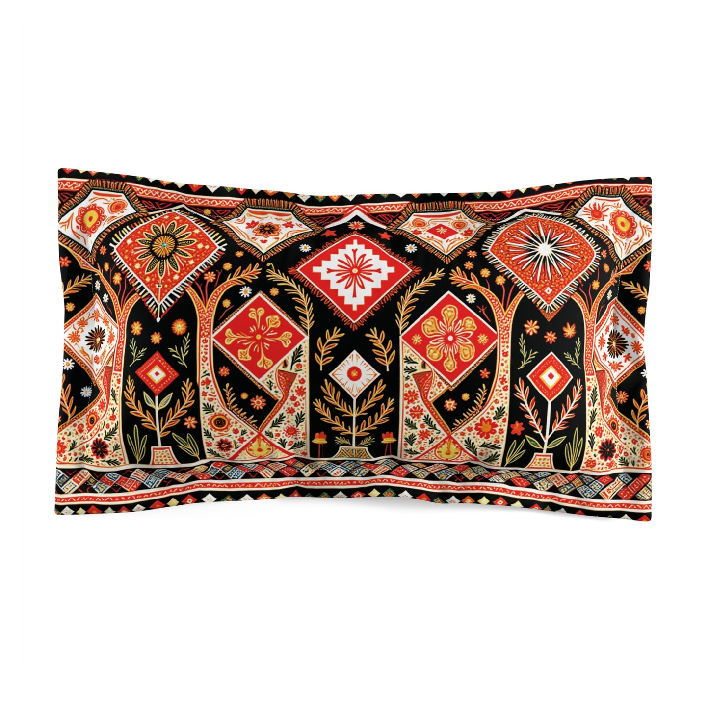 Rectangular pillow with a vibrant, ornate pattern inspired by traditional Persian rugs and African-inspired artistry. The design features geometric shapes, floral motifs, and leaves in red, orange, gold, and cream on a black background.