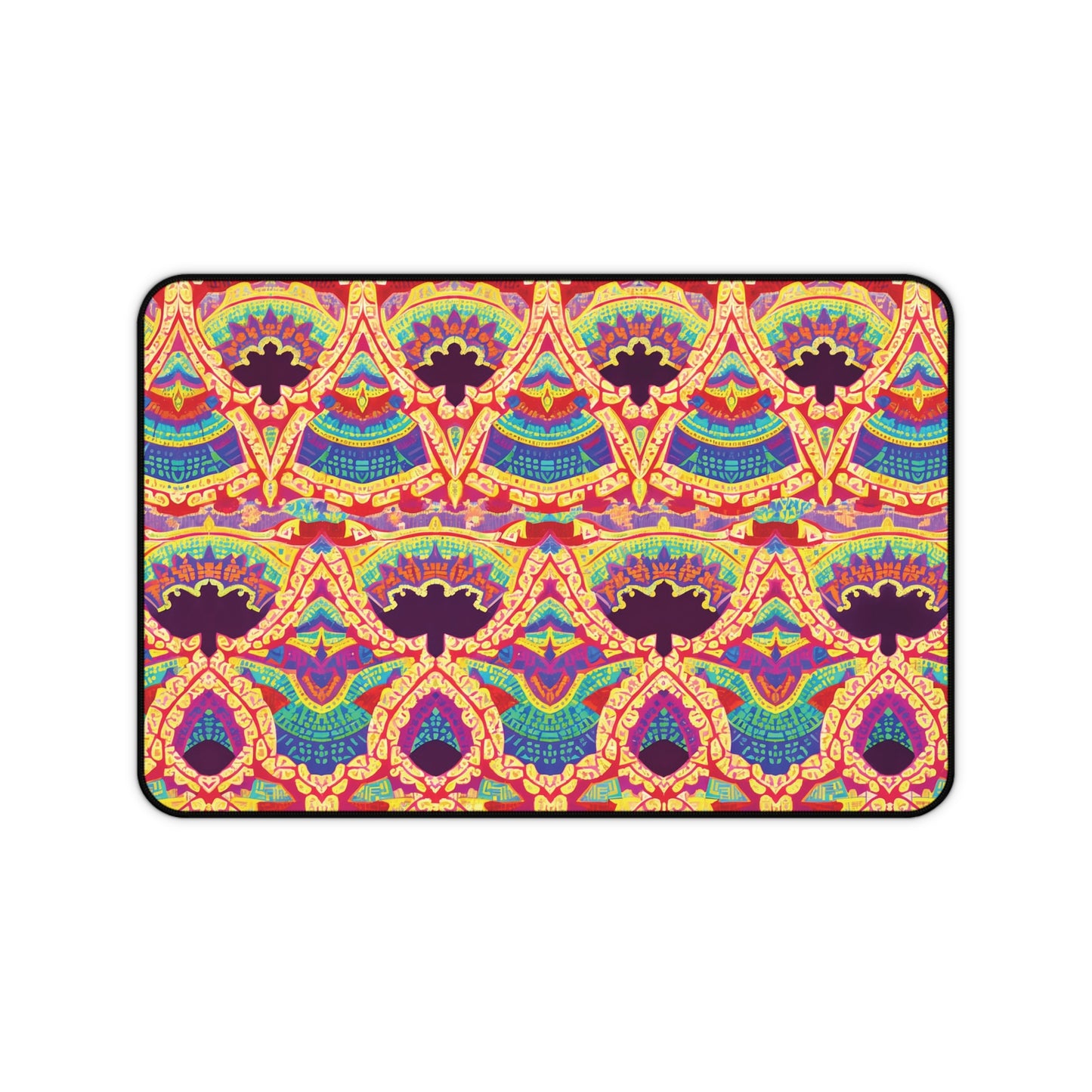 A rectangular neoprene desk mat with a colorful, intricate geometric pattern in yellow, orange, red, turquoise, and purple on a deep red background. This ergonomic desk mat features a black, slightly rounded edge—perfect as a vibrant workspace accessory.