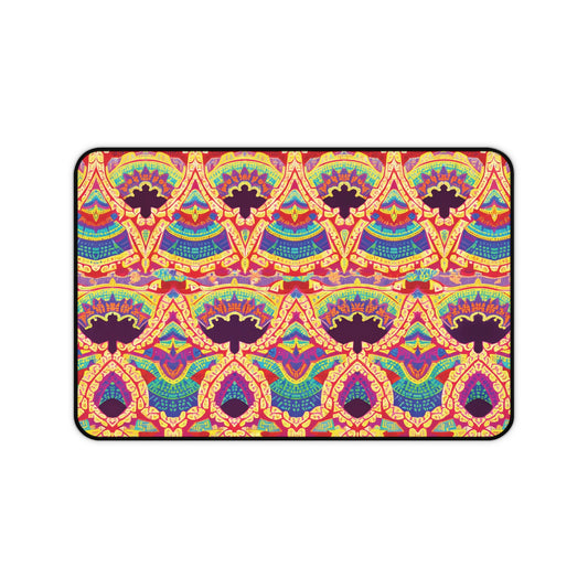 A rectangular neoprene desk mat with a colorful, intricate geometric pattern in yellow, orange, red, turquoise, and purple on a deep red background. This ergonomic desk mat features a black, slightly rounded edge—perfect as a vibrant workspace accessory.