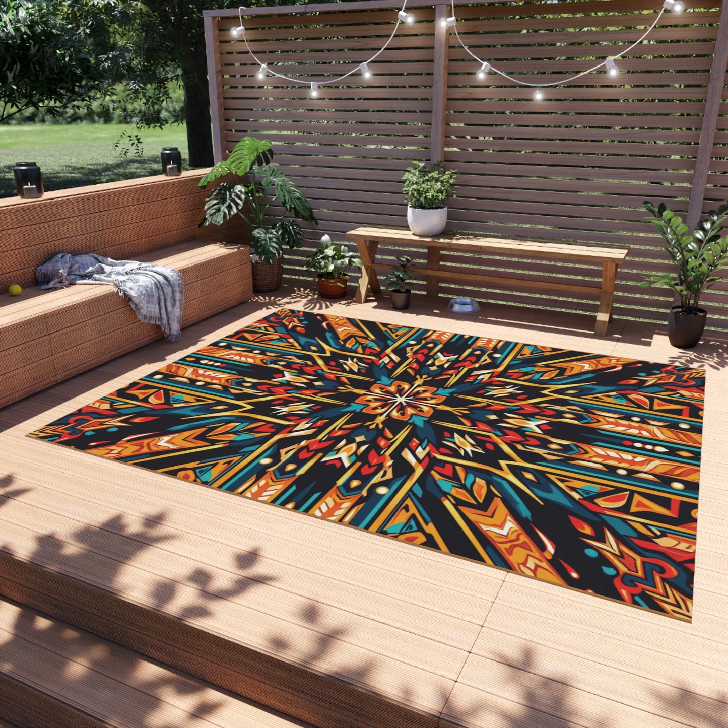 A colorful African-inspired outdoor rug with bold patterns and no-slip backing decorates a wooden patio featuring built-in seating, potted plants, a blanket, and string lights. Sunlight casts shadows across this calm, modern outdoor space.