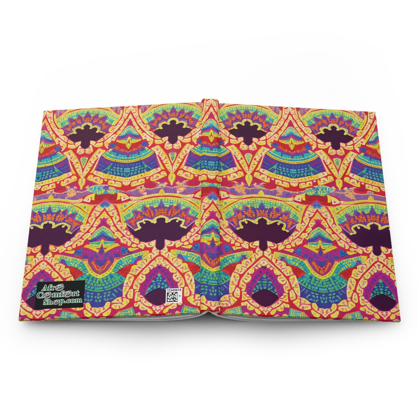 An open African-inspired hardcover journal displays a vibrant, symmetrical pattern in red, yellow, teal, and purple, resembling ornate stained glass. The lower left corner features text and a QR code. A white background highlights the colorful design.