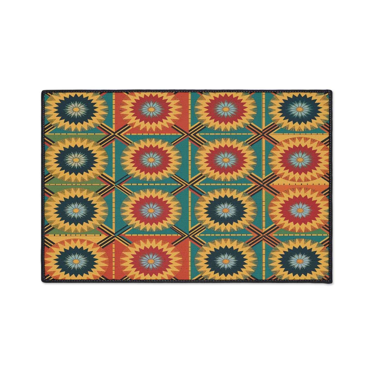 A rectangular rug with a repeating pattern of sunburst shapes in yellow, red, blue, and green squares outlined in black. The geometric grid channels African-inspired aesthetics, while the non-slip rubber backing keeps the bold design securely in place.