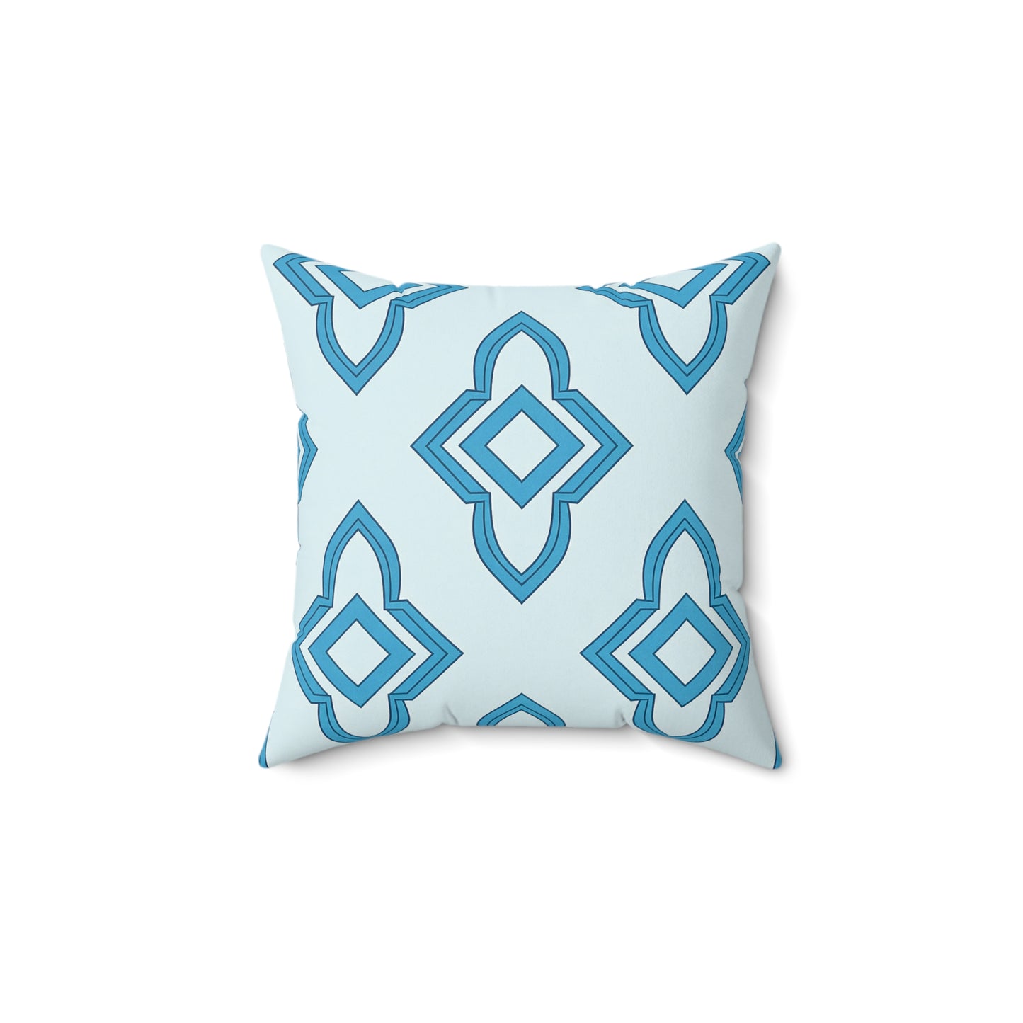 A square faux suede pillow with a geometric pattern in shades of blue on a light blue background. Interconnected diamond and pointed shapes create a modern, symmetrical look—perfect as an African accent pillow for any space. Pillow is centered on plain white.