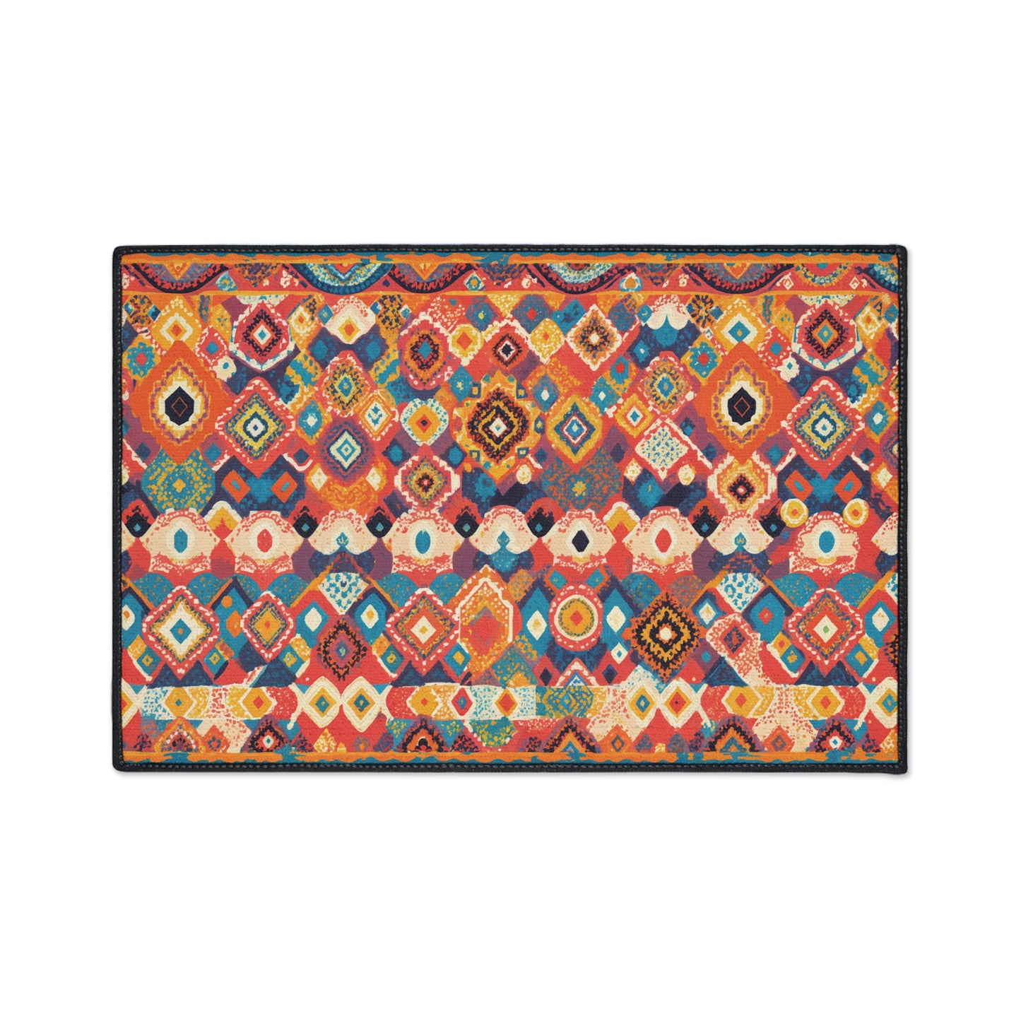 Rectangular rug with a vibrant, African-inspired geometric pattern. Overlapping diamond and hexagon shapes in bold colors create a colorful mosaic. Features a thin black border, white background, and non-slip rubber backing for added safety.