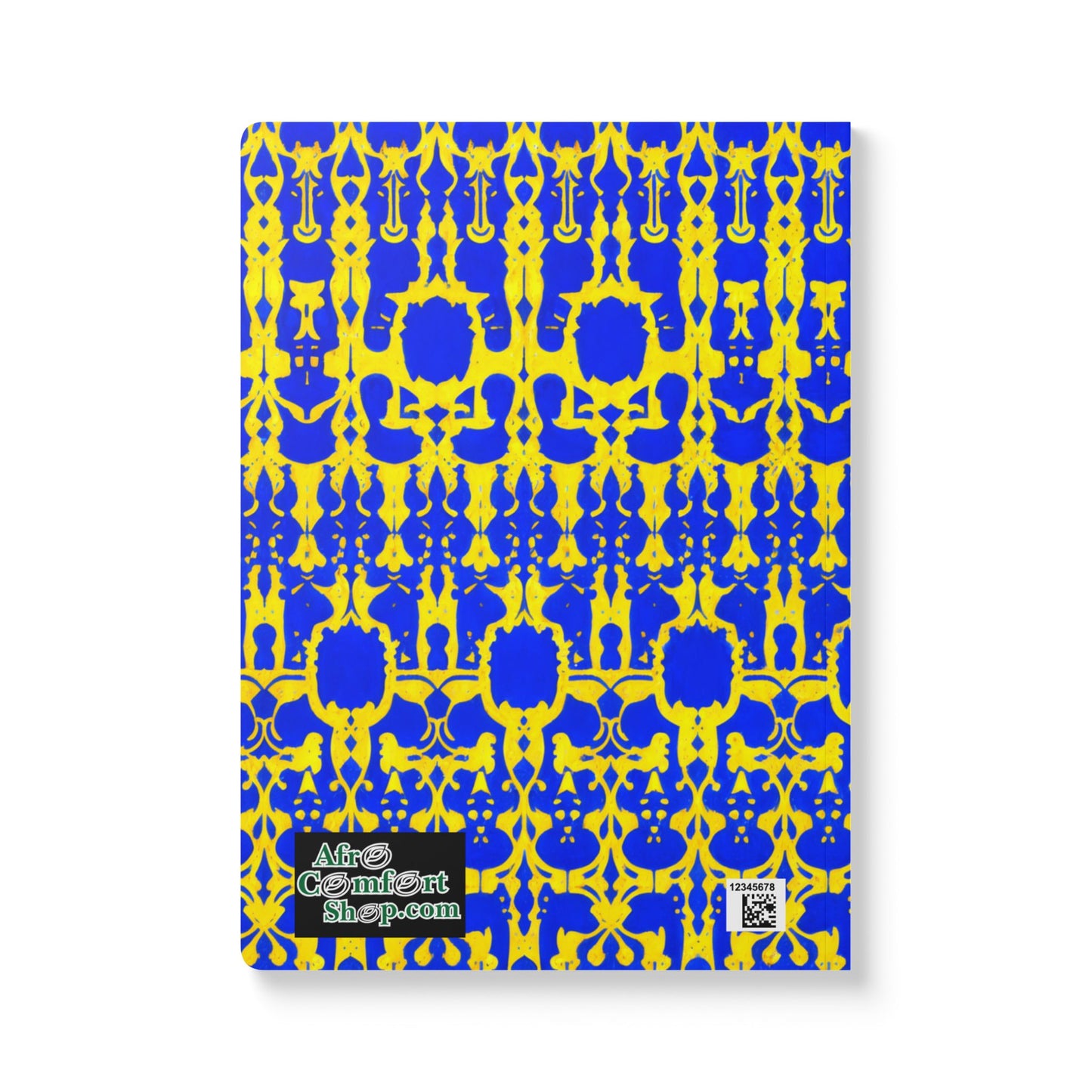 A creative journal with a yellow and blue abstract pattern featuring mirrored shapes and silhouettes. There’s a sticker at the bottom left corner reading AfroConvoArtShop.com and a small QR code in the bottom right corner.