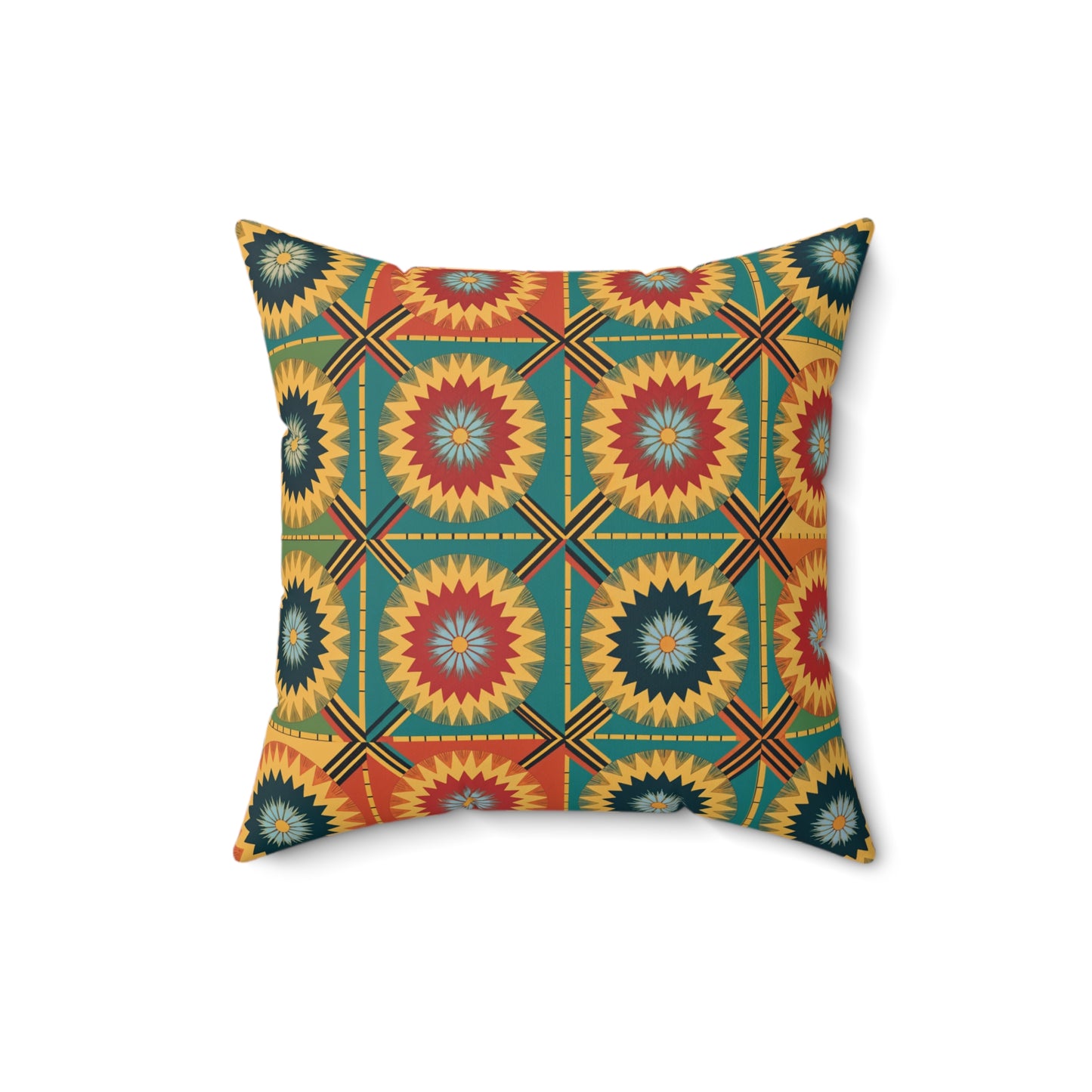A square pillow featuring a vibrant geometric pattern of starbursts in red, teal, yellow, and black, arranged in a grid. This African-inspired pillow adds cultural flair with bold, symmetrical designs on a white background.