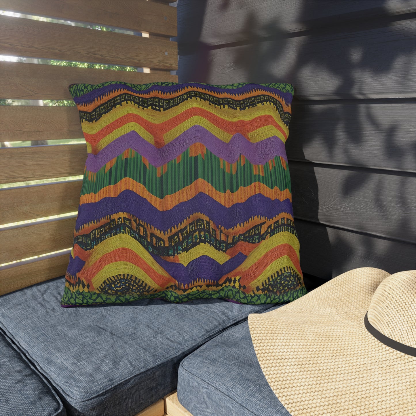 A square outdoor pillow with a bold, multicolor zigzag pattern in green, orange, purple, and yellow—crafted from water-resistant fabric—rests on a blue cushioned bench beside a straw hat. Wooden slats cast leafy shadows in the sunny setting.