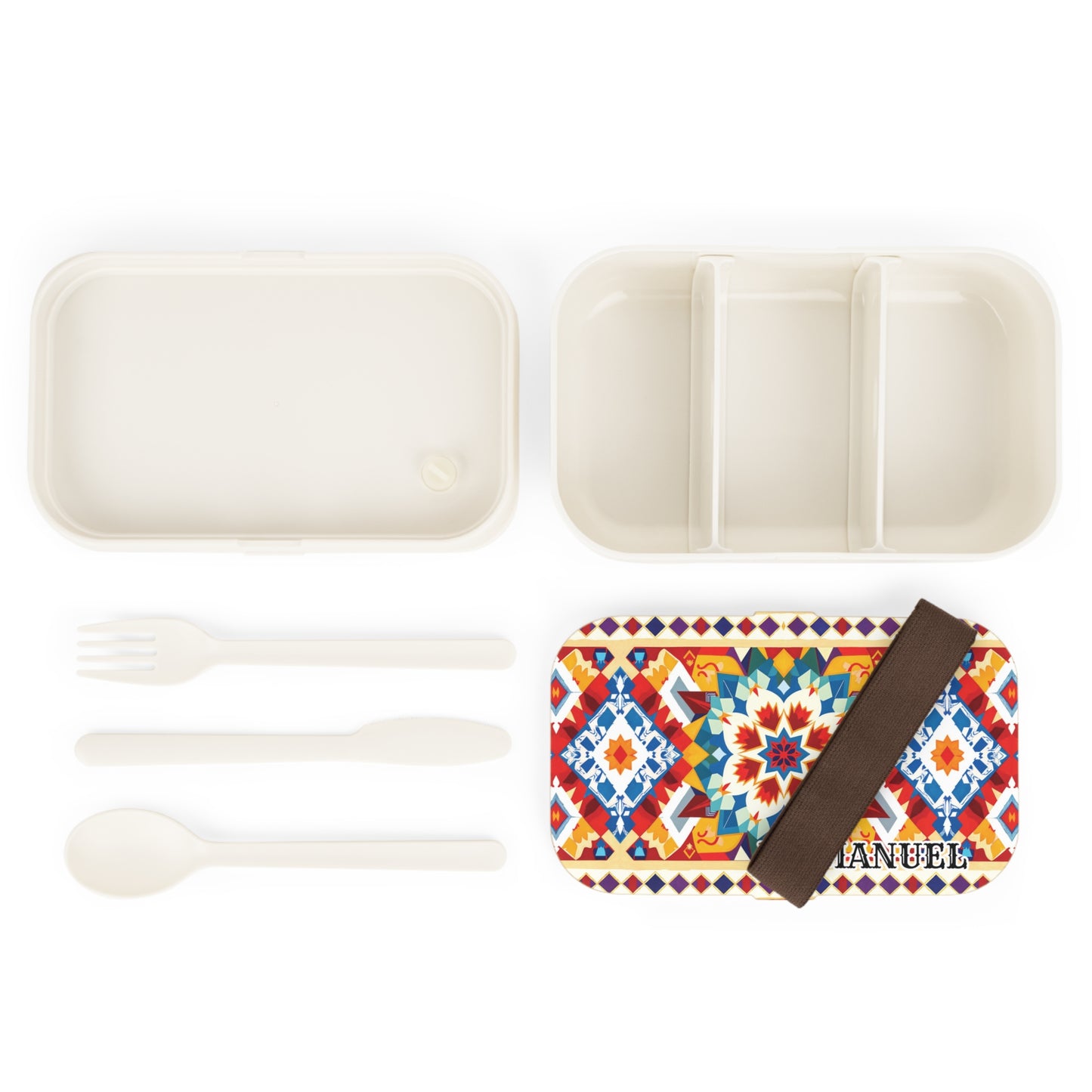 A BPA-free, African-inspired bento lunch box set with a vibrant geometric-patterned lid, brown elastic band, two white trays (one divided), and white fork, knife, and spoon—everything arranged neatly on a white background.