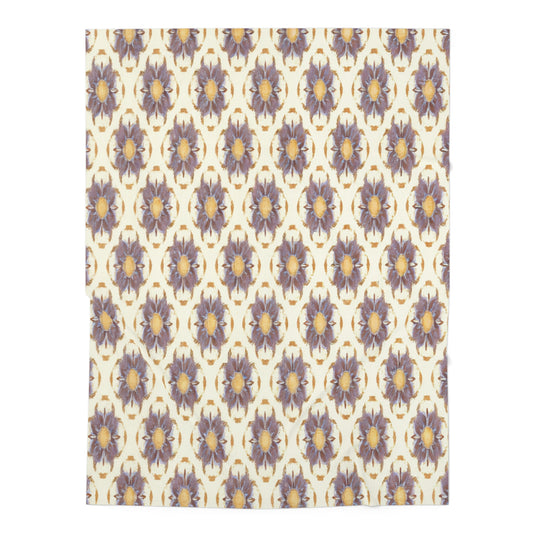 Repetition of large, stylized purple and gold flowers with yellow centers on a cream background creates a symmetrical, vintage look—perfect for African-inspired decor or as a custom swaddle blanket with timeless charm.