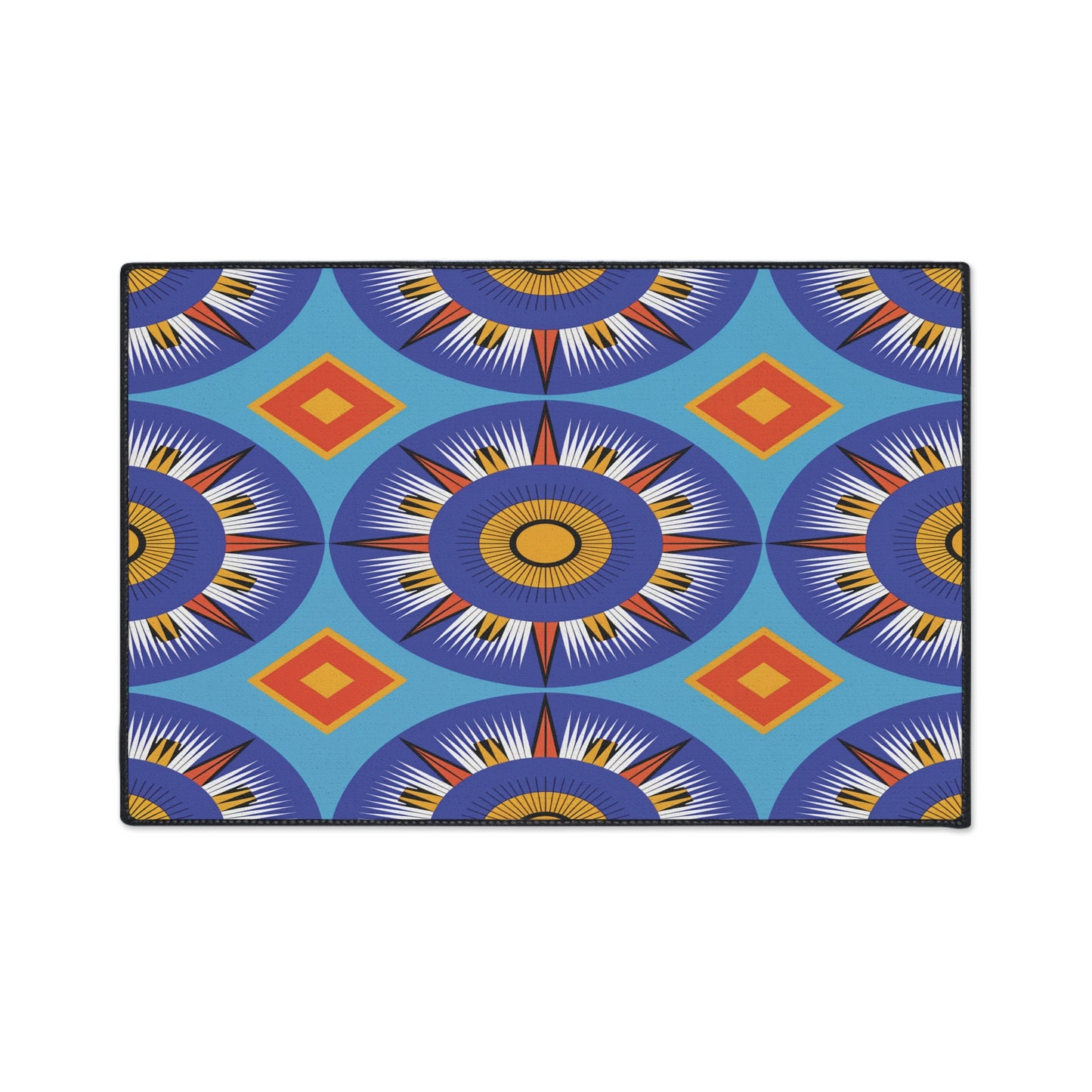 A geometric pattern featuring large circular blue and orange starbursts, perfect for African-inspired decor. Symmetrical and vibrant, this design makes stunning custom floor mats with bold colors, clean lines, and a non-slip rubber backing.
