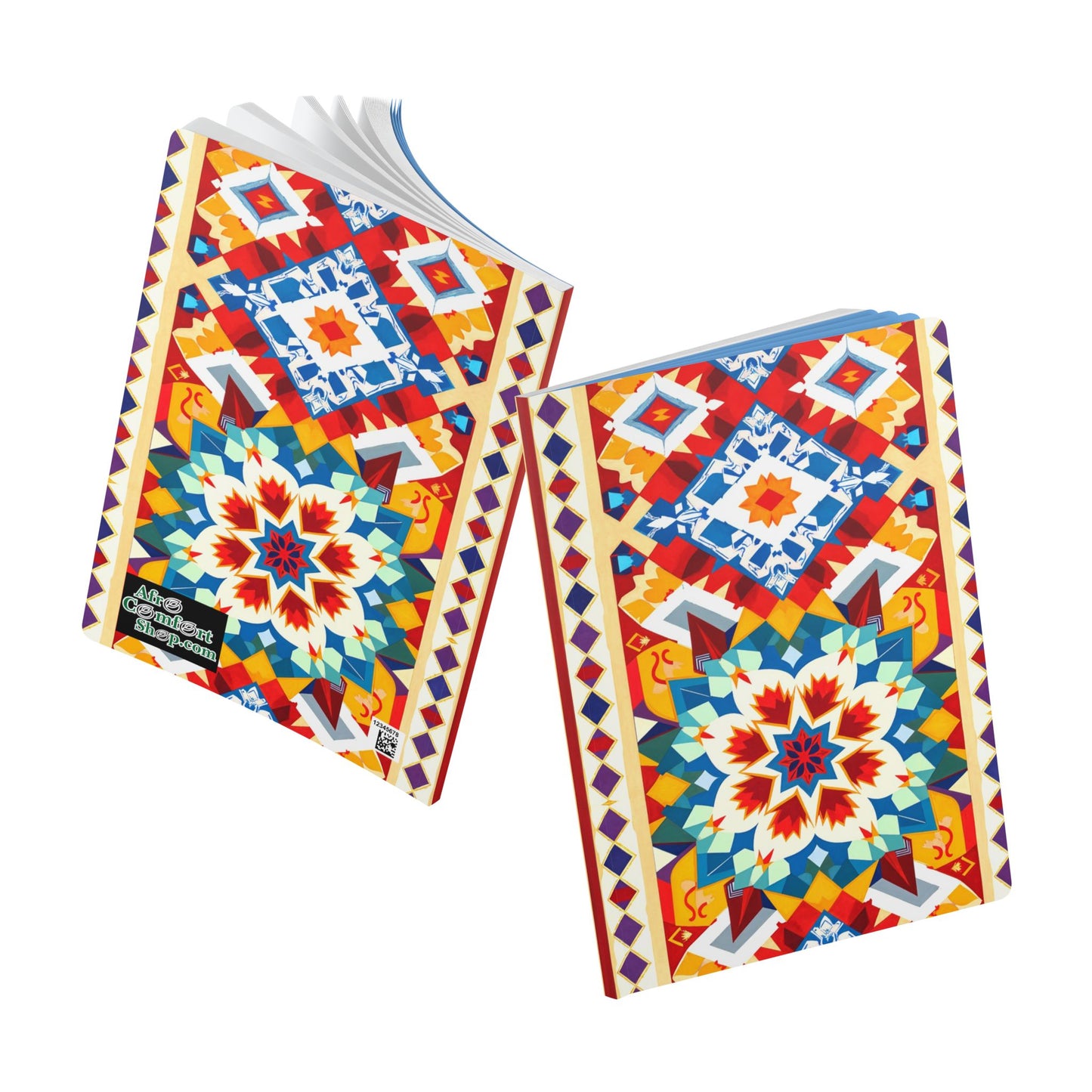 Two notebooks with vibrant, geometric covers feature symmetrical, colorful patterns in red, blue, yellow, and orange—perfect for a creative journal or daily journaling. Their mosaic-inspired designs echo the look of an African-inspired journal.
