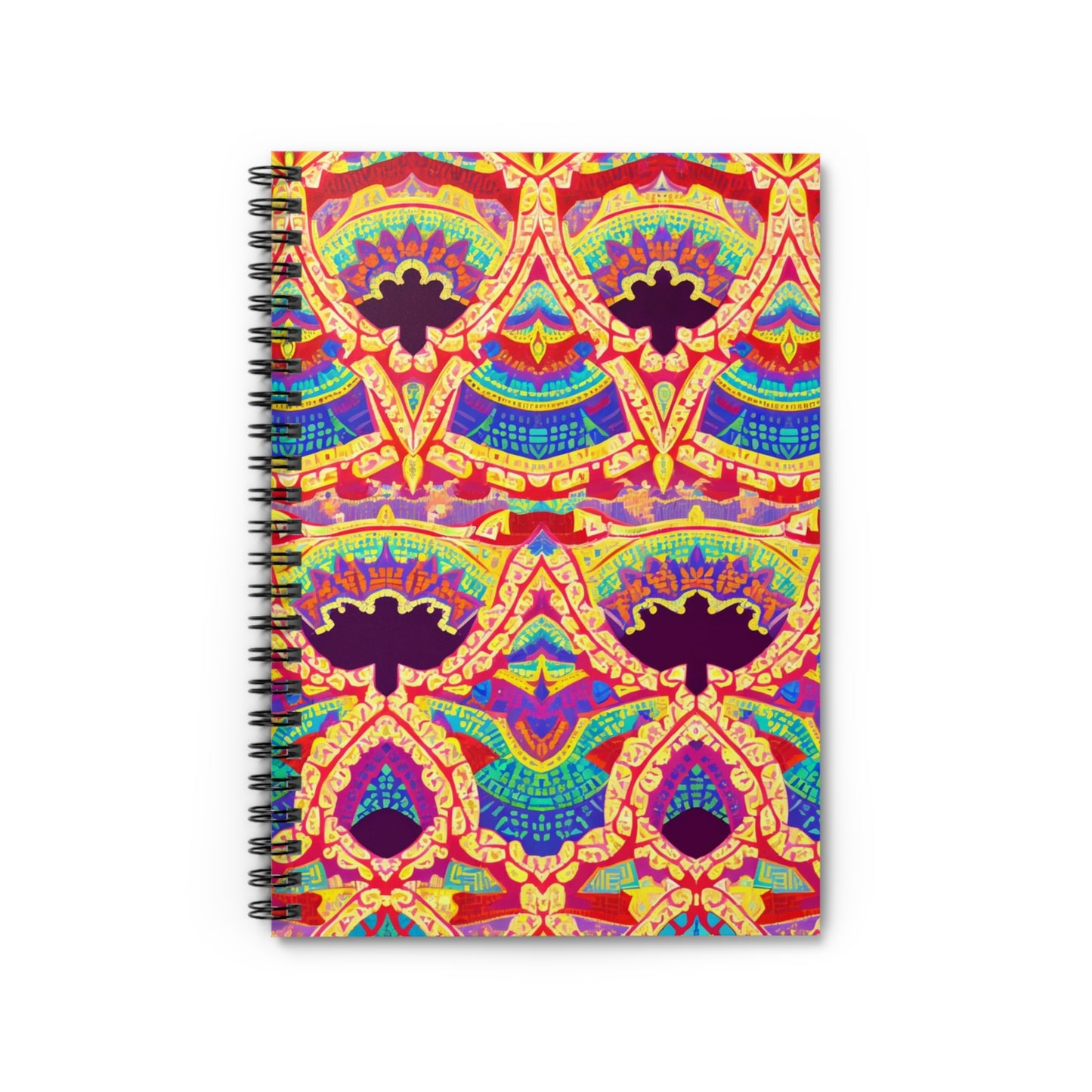 A spiral-bound notebook with a vibrant, symmetrical pattern in red, yellow, purple, blue, and green features culturally inspired designs with geometric and floral shapes. The closed African-inspired spiral notebook rests against a white background.
