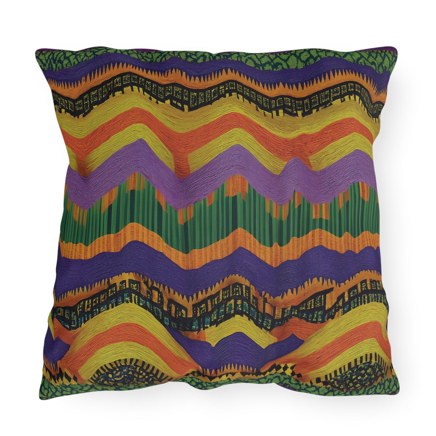 A square outdoor pillow with a vibrant, multicolored zigzag and wavy stripe pattern in yellow, orange, purple, green, and black. Made with UV-resistant fabric, its textured lines and dotted details create a lively, artistic look on a white background.
